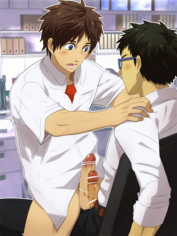 2boys bar_censor battikoi blush bottomless brown_hair censored chair clothed_sex desk erect_penis erection frottage gay glasses male male_only office office_chair penis penises_touching resfrio salaryman schoolboy sitting unzipped white_shirt window yaoi