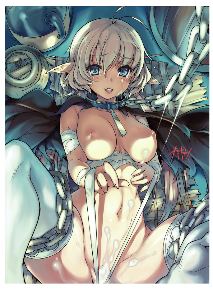 1girls ahoge bandage bandages blonde_hair blue_eyes bondage breasts cape chains collar cum cum_on_body elf feet female happy_sub large_breasts leash lying naked_thighhighs navel nipples no_shoes nude on_back open_mouth original pointy_ears slave smile solo spread_legs tear thighhighs tied_hair twintails wazakita