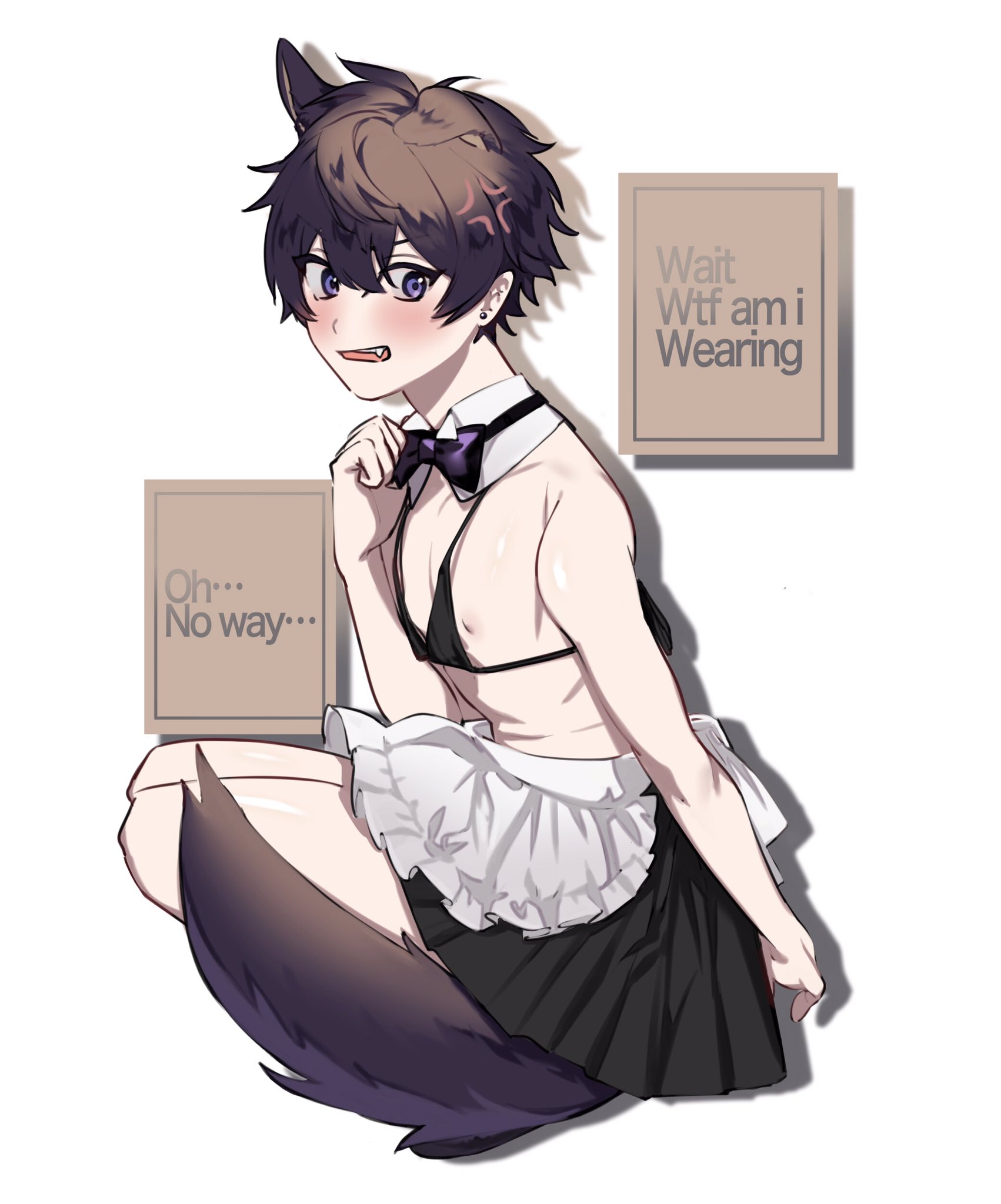 1boy, angry, bowtie, dog ears, dog tail, dogboy, fang, femboy, indie virtual youtuber, kiaraaa416, maid, maid outfit, male, male focus, male only, nipples, piercing, purple hair, shoto, shoto (vtuber), shxtou, sitting, solo, thick thighs, tsundere, twink, virtual youtuber