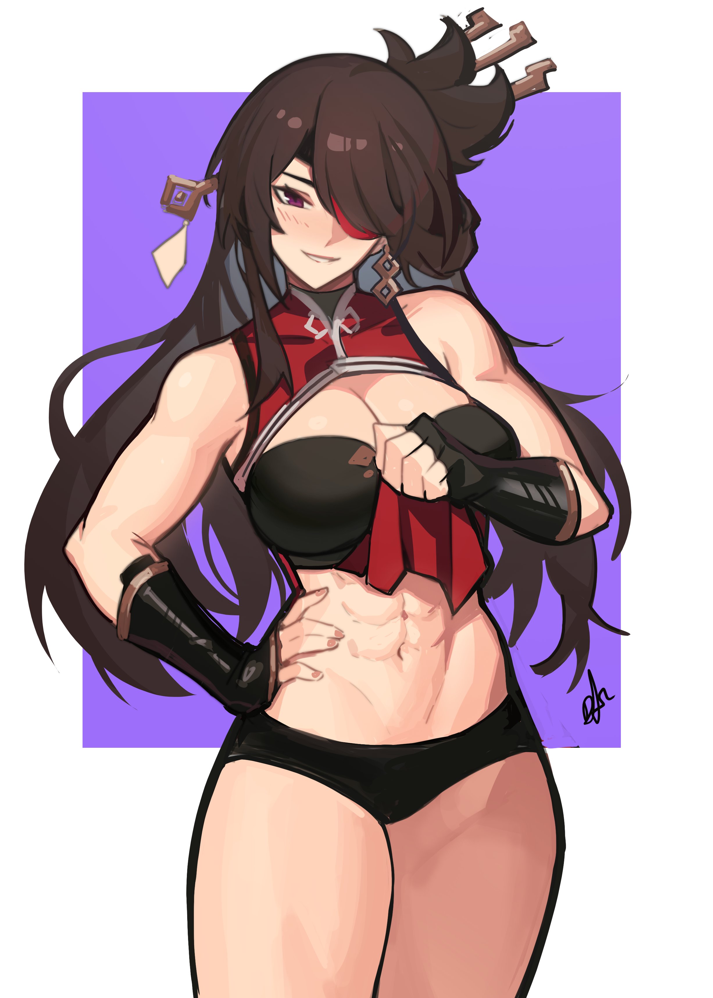 1girls, abs, beidou (genshin impact), belly, breasts, eyepatch, female, female only, genshin impact, large breasts, legs, light skin, light-skinned female, milf, muscular, muscular female, ninra, pirate, thick thighs, toned, toned female, tummy