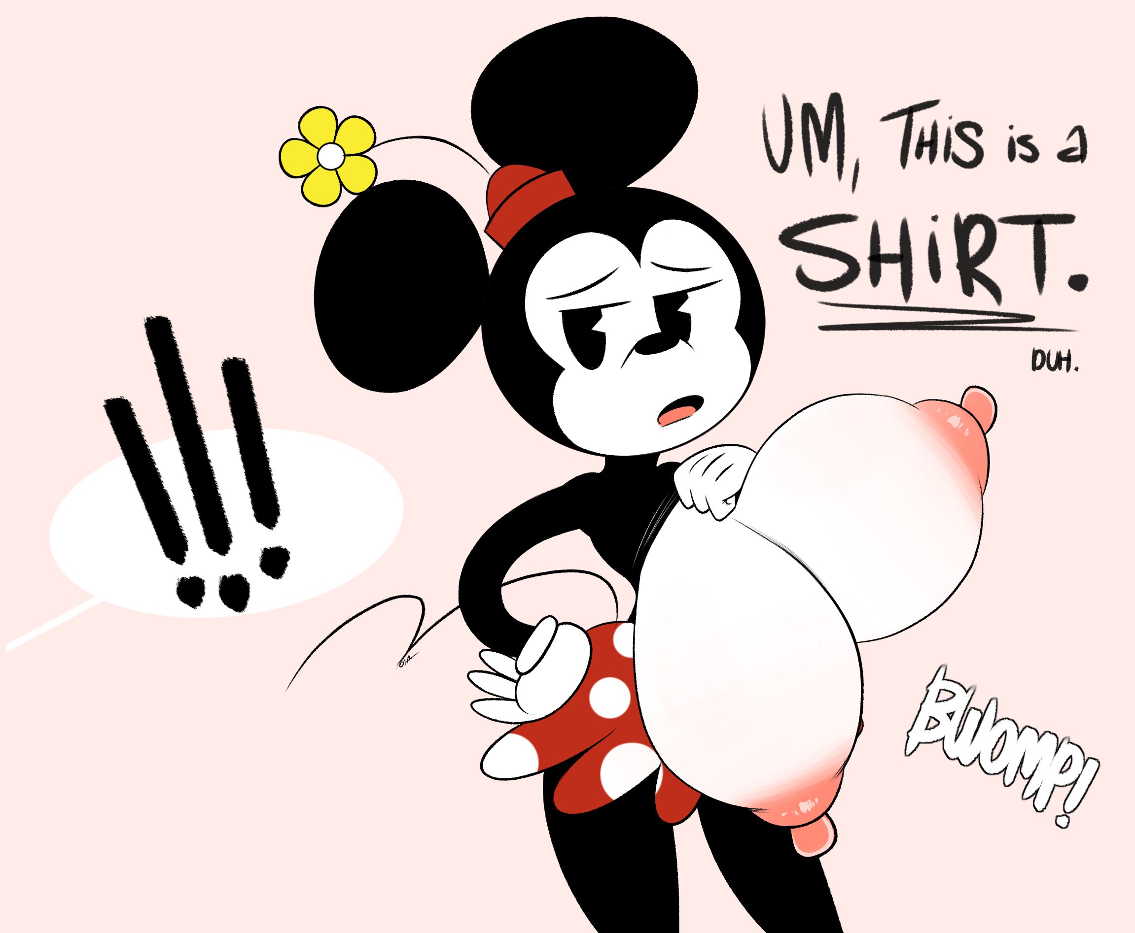 1girls, anthro, big areola, big breasts, big nipples, bouncing breasts, breasts, breasts out, clothing, dialogue, disney, female, female only, flashing, flashing breasts, flower, hand on hip, hat, hidden buxom, huge breasts, huge nipples, humor, hyper breasts, looking at another, minnie mouse, mouse, nipples, ota (artist), pac-man eyes, polka dot, public domain, puffy nipples, rodent, shirt, shirt lift, skirt, solo, unaligned breasts