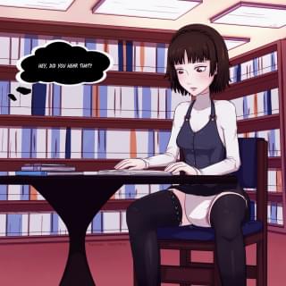 blush chair diaper female lazyblazy_(artist) library makoto_niijima persona persona_5 text_bubble white_diaper