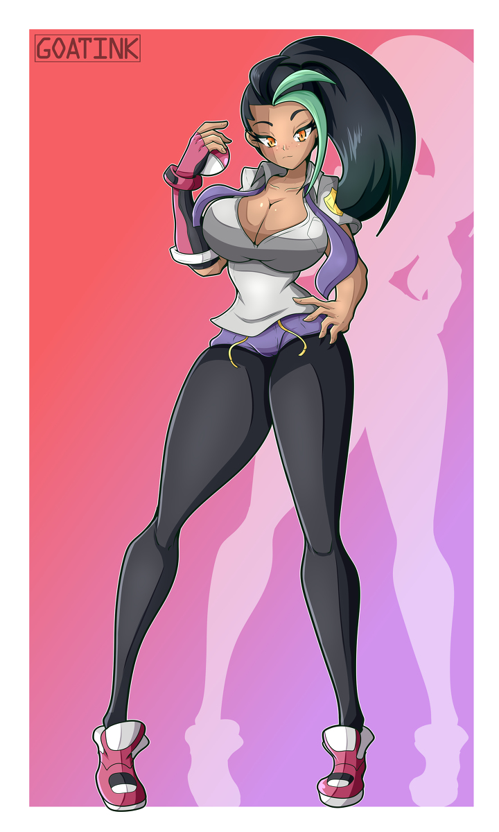 1girls, big breasts, black hair, breasts, curvy, digital art, embarrassed, fanart, female, female focus, female only, game freak, goatink, looking at viewer, nemona (pokemon), nintendo, orange eyes, pantyhose, pokemon, pokemon sv, school uniform, tagme, thick thighs, thighs