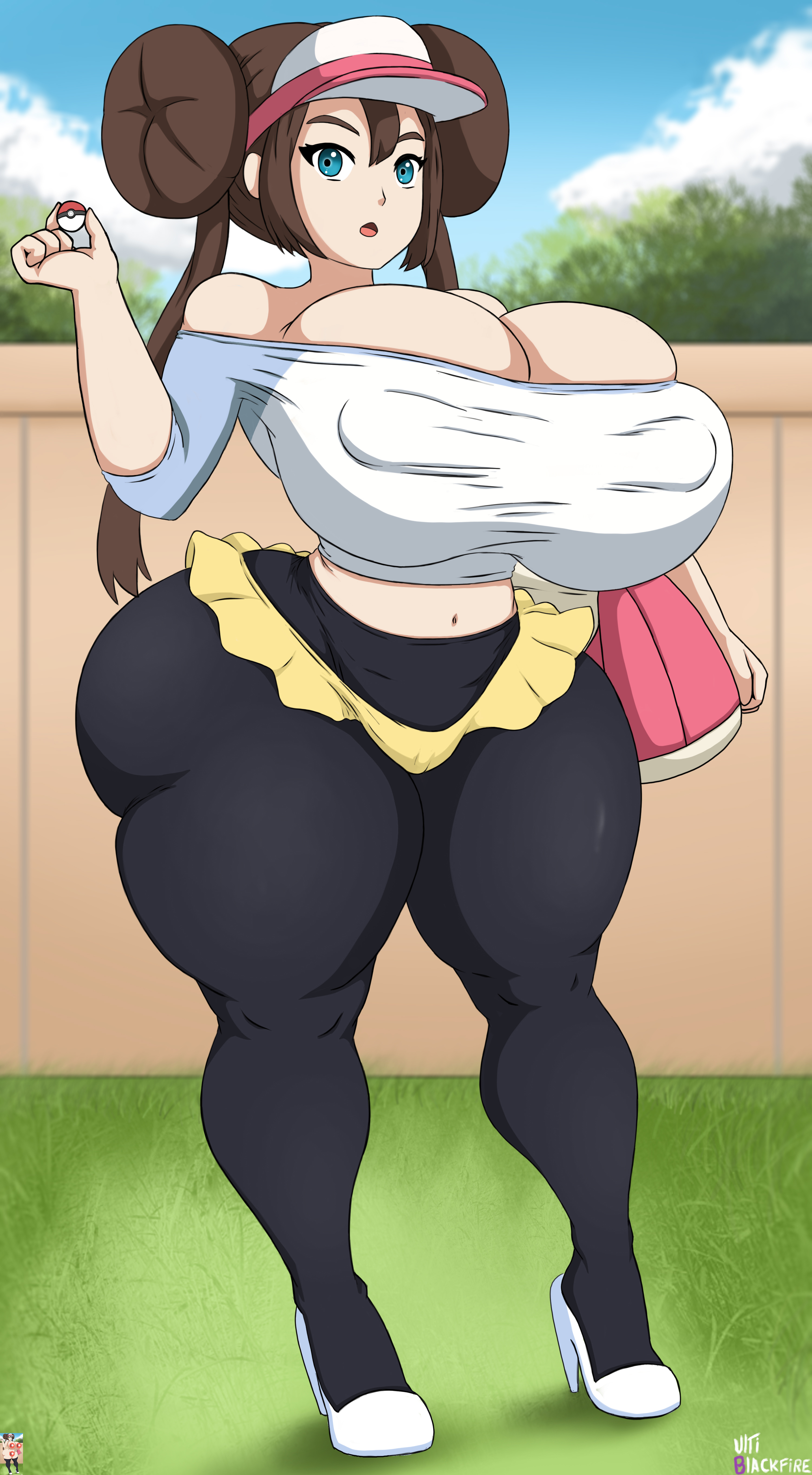 1girls, 2022, 4k, absurd res, alternate breast size, artist name, ass, big ass, big breasts, big butt, breasts, breasts bigger than head, brown hair, bubble butt, busty, cleavage, crop top, curvaceous, curvy, curvy body, curvy female, curvy figure, cyan eyes, detailed background, digital media (artwork), erect nipples, erect nipples under clothes, eyelashes, female, female focus, female only, game freak, hi res, high heels, holding pokeball, hourglass figure, huge ass, huge breasts, huge butt, large breasts, light skin, light-skinned female, looking at viewer, midriff, midriff baring shirt, miniskirt, nintendo, nipple outline, nipples, outdoors, outside, pokeball, pokemon, pokemon bw2, purse, rosa (pokemon), round ass, signature, skirt, slim waist, solo, standing, thick ass, thick thighs, thunder thighs, ultiblackfire, voluptuous, wide hips