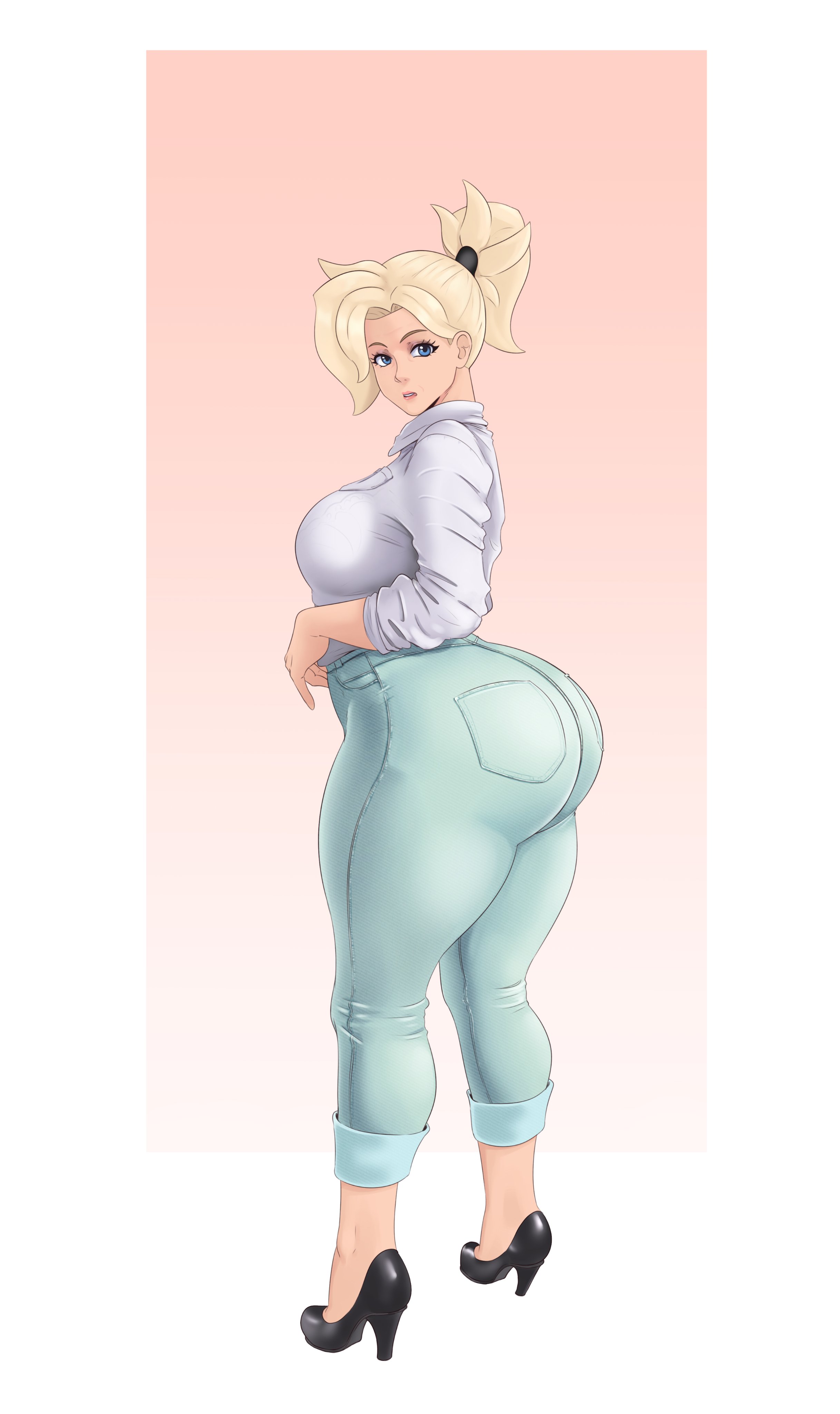 1girls, 2022, ass, big ass, big breasts, blizzard entertainment, blonde hair, blue eyes, breasts, curvaceous, curvy, denim, female, female only, footwear, high heels, huge ass, human, jeans, large ass, light skin, light-skinned female, looking at viewer, mercy, overwatch, ponytail, shoes, solo, standing, sunnysundown, thick ass, thick thighs, uncensored, very high heels, voluptuous