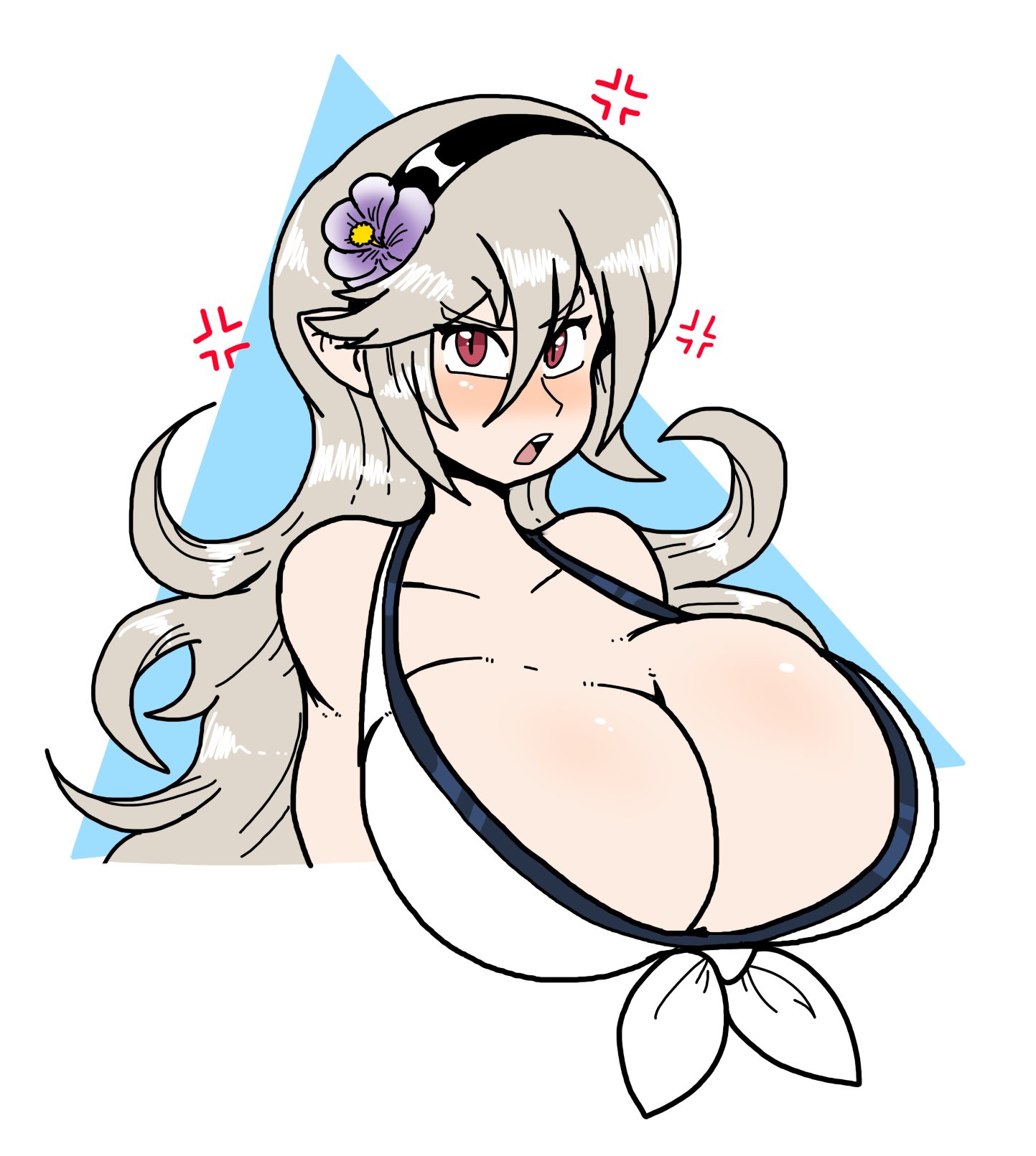 1girls, alternate breast size, alternate costume, anger vein, angry, big breasts, bikini, breasts, cleavage, corrin (fire emblem), corrin (fire emblem) (female), female, female only, fire emblem, fire emblem fates, fire emblem heroes, grey hair, hair between eyes, huge breasts, large breasts, long hair, looking at viewer, nintendo, official alternate costume, open mouth, poopishness, red eyes, solo, swimsuit, white bikini, white swimsuit