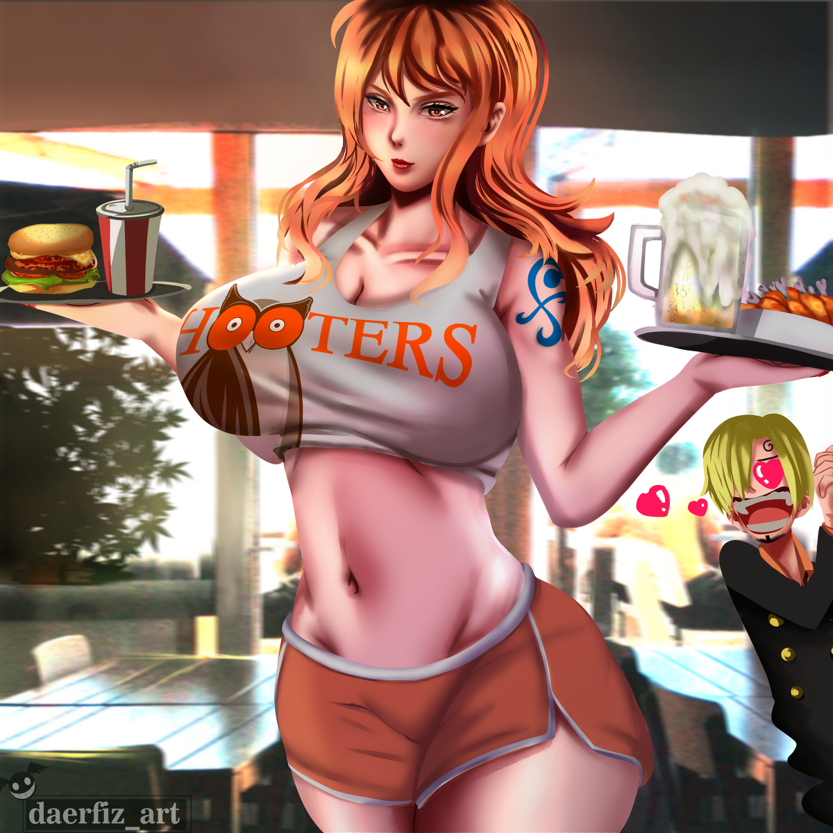 big breasts, breasts, daerfiz, female, female focus, food, hooters, hooters uniform, male, nami (one piece), one piece, orange hair, short shorts, tattoo, vinsmoke sanji