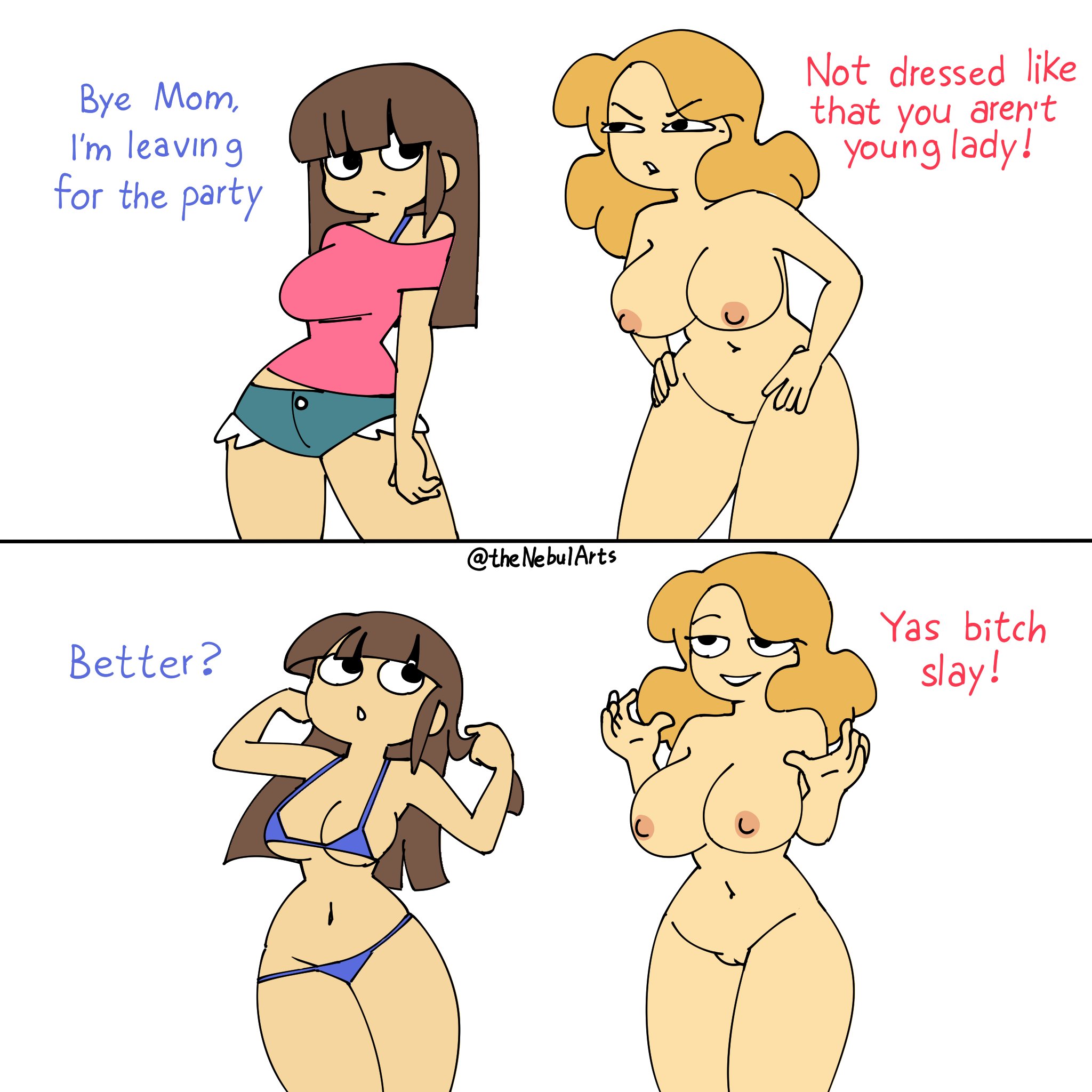 2girls, breasts, casual, english text, female, human, meme, milf, mother, mother and daughter, multiple females, multiple girls, nebularts, nudist, oc, original character, original characters, pale skin, pussy, swimsuit, swimwear