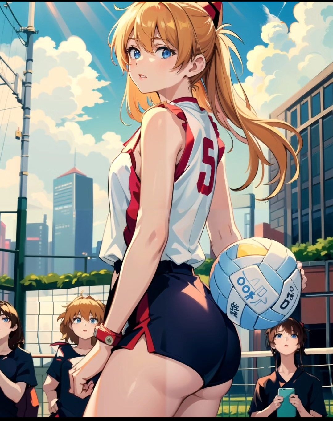 1girls ai_generated ass asuka_langley_sohryu blue_eyes long_hair neon_genesis_evangelion neopn_genesis_evangelion red_hair shorts small_breasts small_waist sportswear teenager volleyball volleyball_uniform