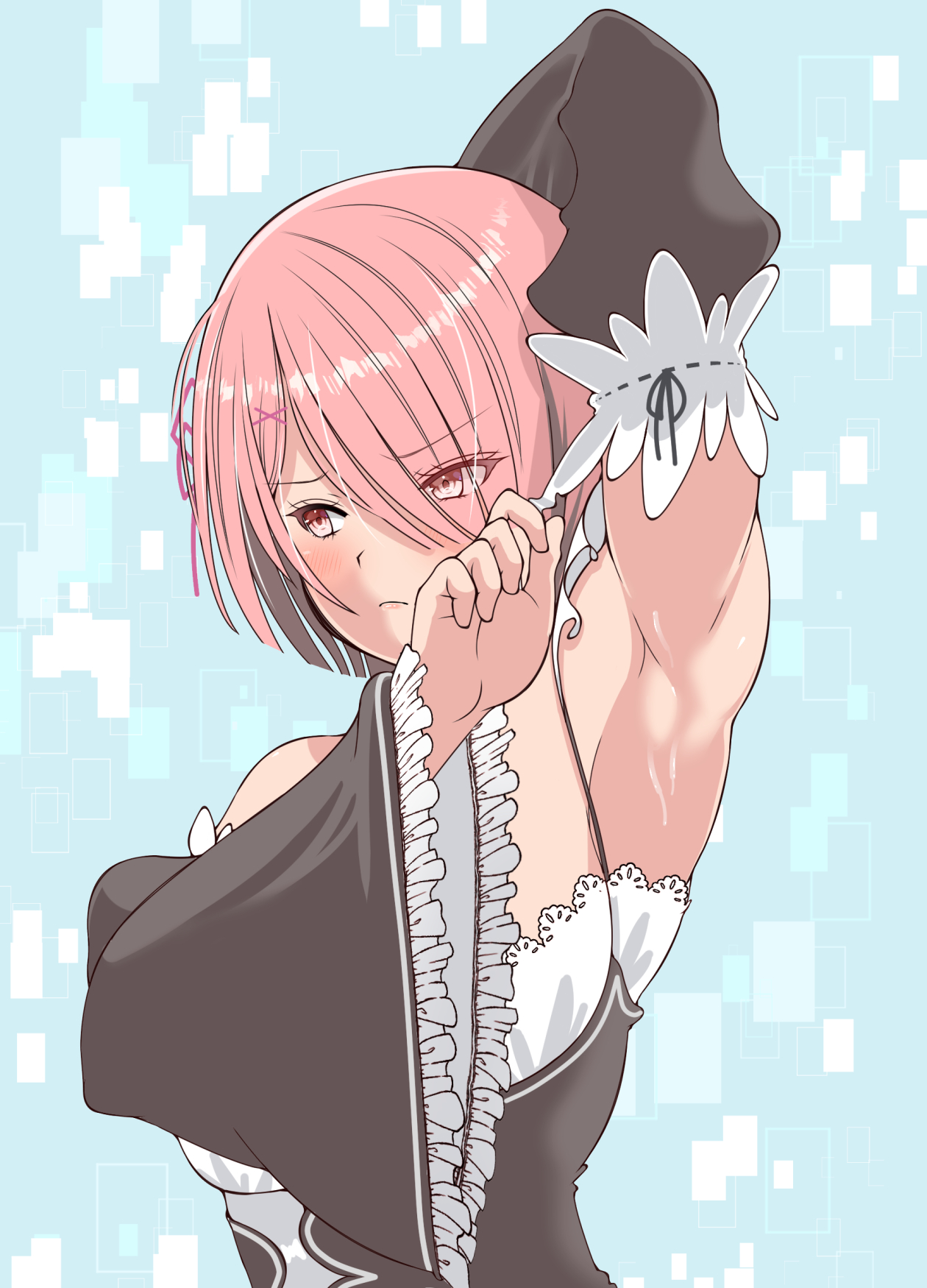 1girls, 2d, arm up, armpit fetish, armpits, bangs, blush, breasts, detached sleeves, embarrassed, female, female only, front view, hair ornament, hair over one eye, highres, looking to the side, maid, maid headdress, maid uniform, matching hair/eyes, p9 (susisasimi), pink eyes, pink hair, presenting armpit, ram (re:zero), re:zero kara hajimeru isekai seikatsu, red eyes, roswaal mansion maid uniform, short hair, simple background, small breasts, solo, sweat, upper body, x hair ornament