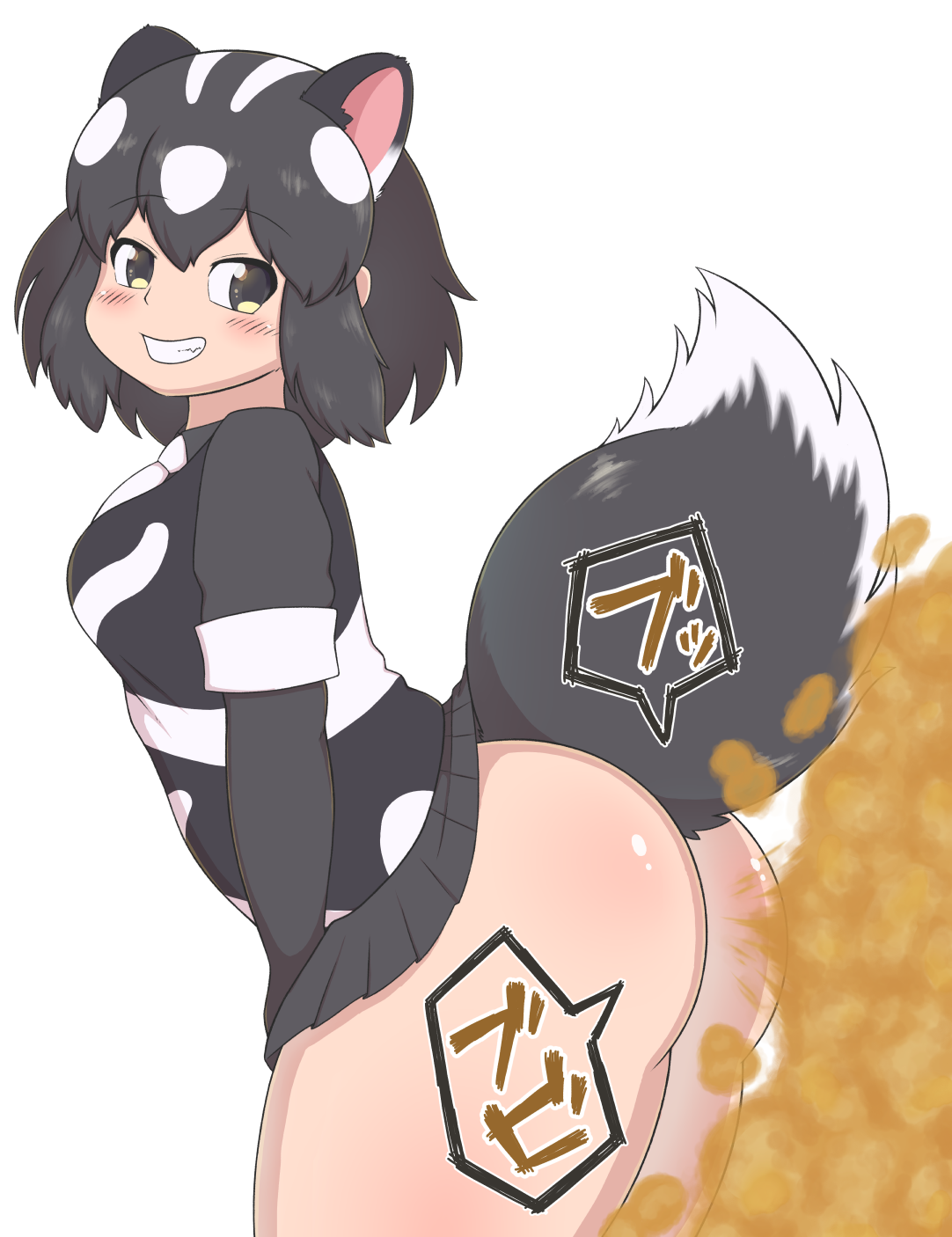 1girls, ass, fart, fart fetish, female, female only, kemono friends, naughty face, no panties, skirt, skunk, skunk girl, skunk tail, smile, solo, tail, varnish (artist), western spotted skunk (kemono friends)