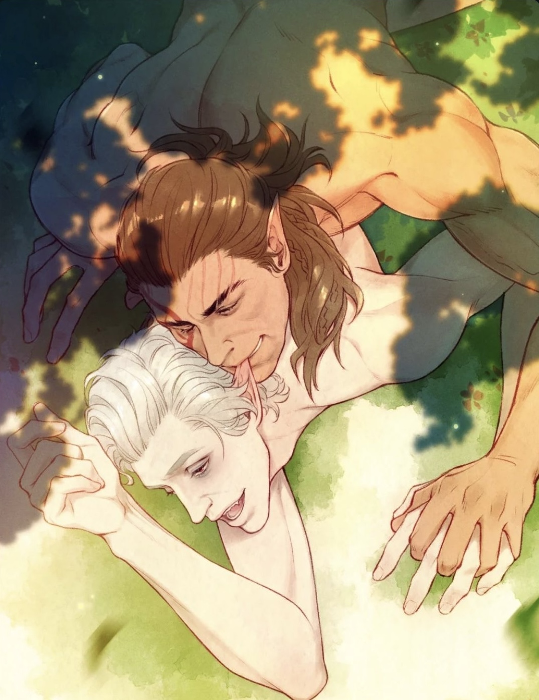 2boys, astarion, baldur's gate 3, bite, biting ear, doggy style, dungeons and dragons, elf, forgotten realms, gay, gay sex, halsin, male, male only, muscular, muscular male, nude, twink, twink and daddy