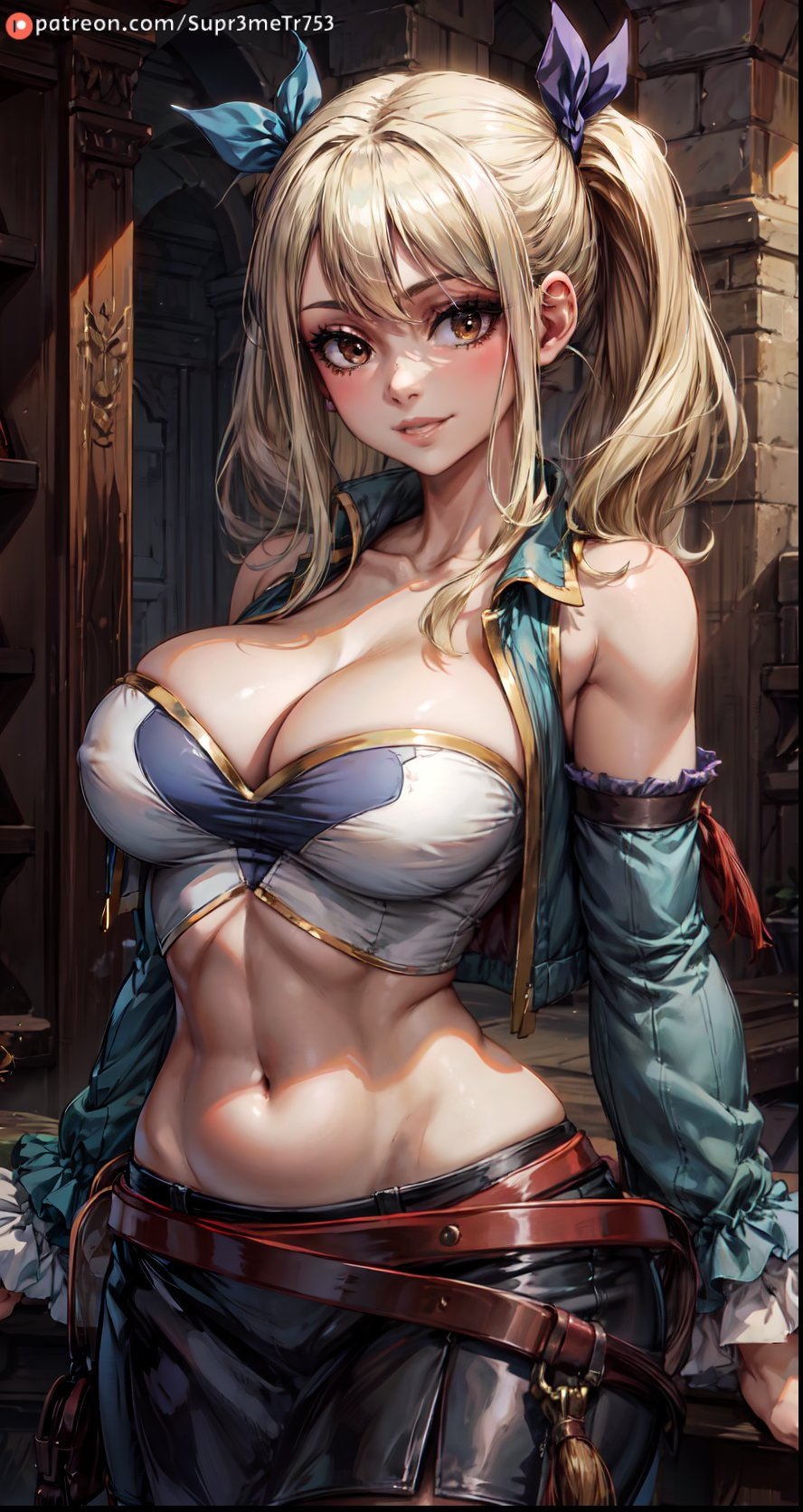 1girls, ai generated, big breasts, blonde female, blonde hair, blonde-haired female, breasts, brown eyes, cleavage, curvaceous, curvy, curvy body, curvy female, curvy figure, fairy tail, female, female only, fit, fit female, lucy heartfilia, navel, small waist, smile, smiling, smiling at viewer, supr3metr, voluptuous, voluptuous female, wide hips, yellow hair
