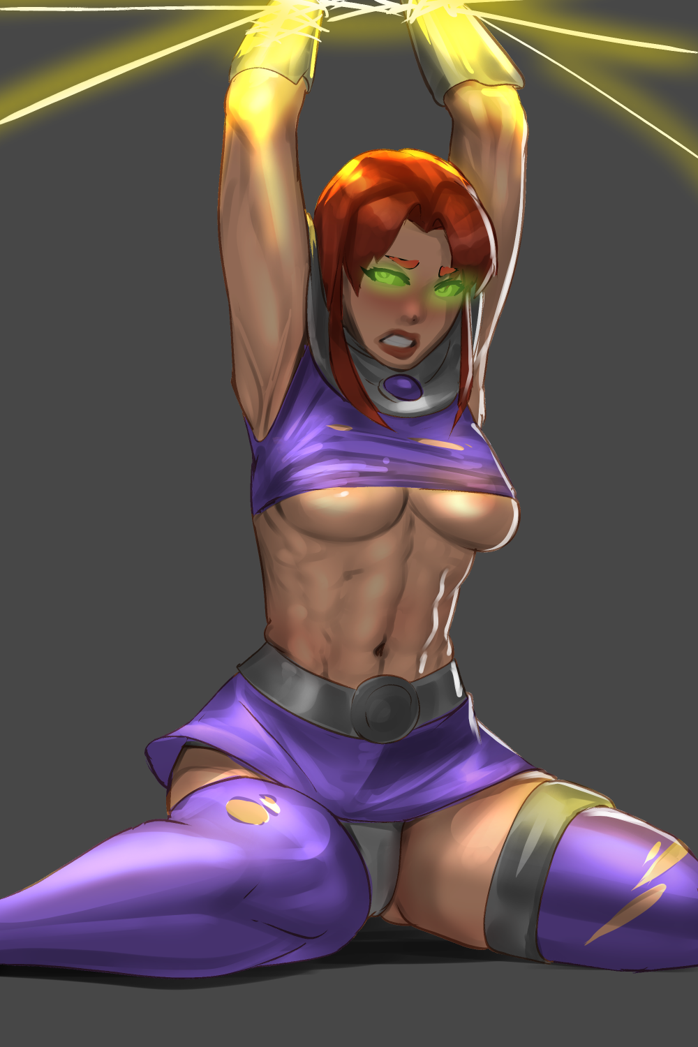 1girls armpit armpits bare_midriff bondage captured dc dc_comics defeated defeated_heroine exposed_thighs female female_only green_eyes orange_skin ptsalad purple_clothes starfire superheroine teen_titans thighhighs torn_clothes underboob