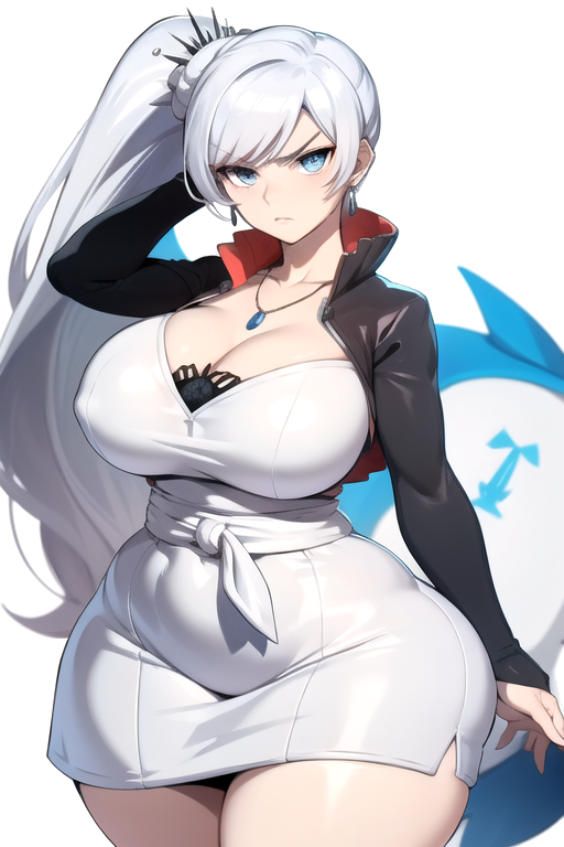 1girls ai_generated annoyed_expression big_breasts blue_eyes cleavage curvaceous curvaceous_female daidouji_(artist) dress earrings eyes female female_only hands_behind_head large_breasts light-skinned_female light_skin long_hair looking_at_viewer miniskirt pawg ponytail rwby standing thick thick_thighs voluptuous voluptuous_female weiss_schnee white_hair wide_hips