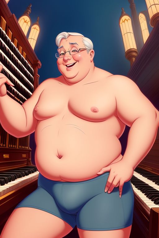 ai_generated bara bara_tits belly bulge chubby church crotch_bulge daddy glasses gordon_the_organist male older_male organist overweight_male pipe_organ smiling_at_viewer stable_diffusion underpants underwear white_hair