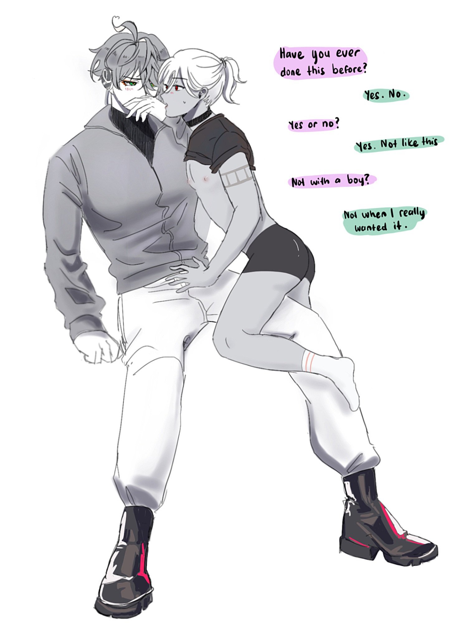 2boys, abs, alhaitham (genshin impact), blush, clothed, clothing, crop top, cyno (genshin impact), dialogue, femboy, femboy focus, gay, genshin impact, green eyes, human, male, male nipples, male only, male/male, muscles, muscular, muscular male, nipples, no visible genitalia, noworkjustsleep, red eyes, shy, wholesome, yaoi