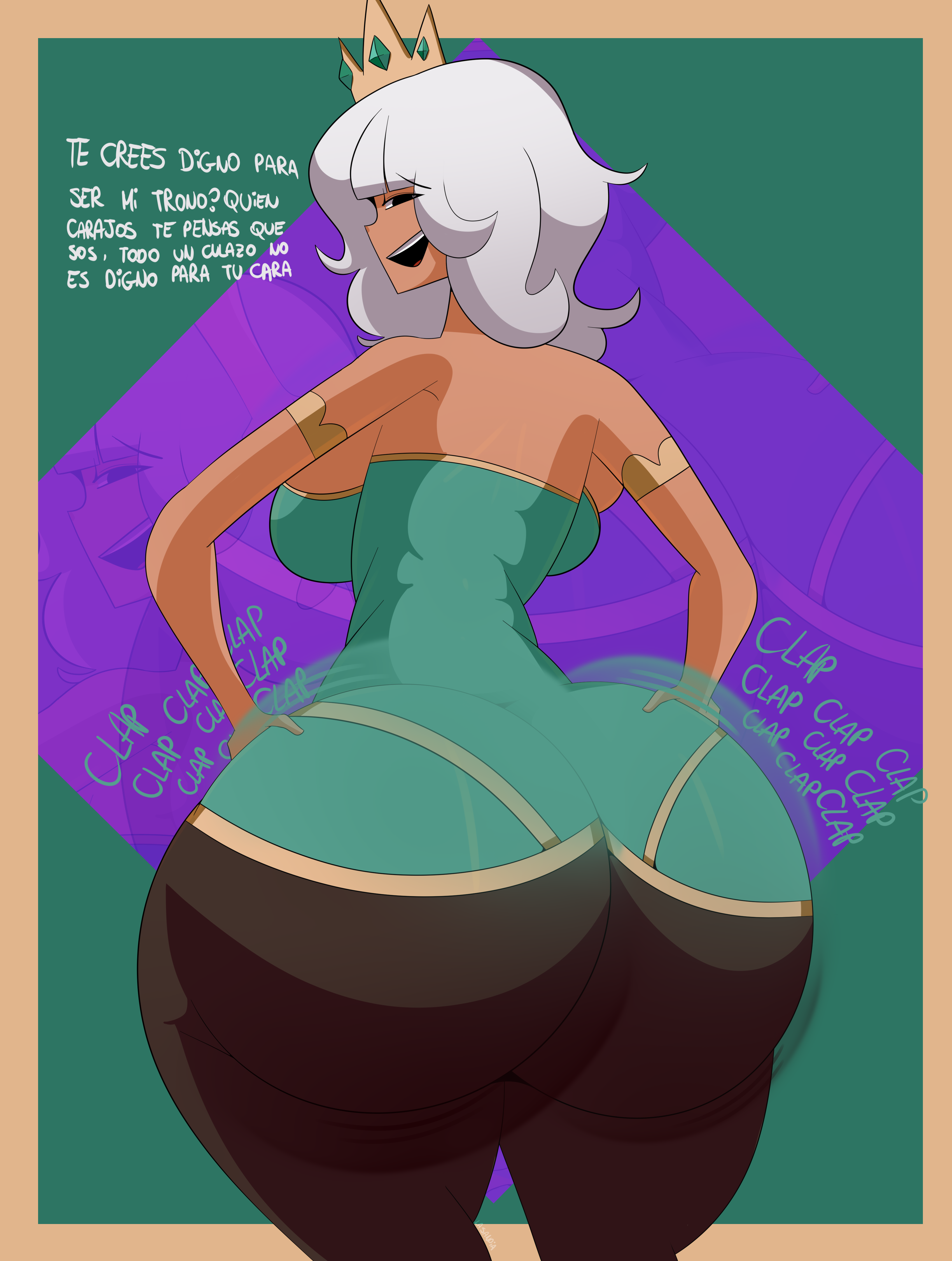1girls, ass, big ass, big breasts, big butt, breasts, bubble ass, bubble butt, clap, clapping, clapping ass, clapping buttocks, clapping cheeks, clothed, clothed female, clothing, commission, commission art, crown, dialogue, fat ass, female, female only, la sandia, league of legends, muscular, muscular female, qiyana yunalai, smile, smiling, smiling at viewer, spanish text, twerk, twerking, white hair