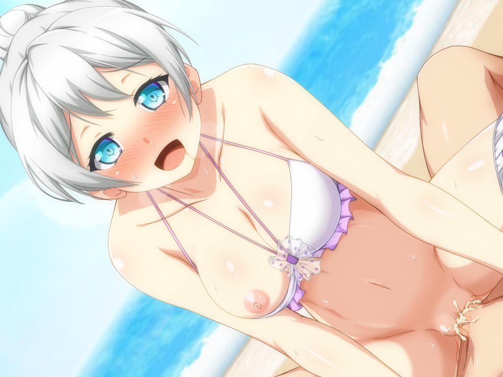 1boy bang_dream! beach bikini bikini_top_only blue_eyes blush breasts cowgirl_position cowgirl_position cum cum_in_pussy female looking_at_viewer navel nipples ocean one_breast_out open_mouth pov saliva sand sex shiny_skin smile solo_focus straddling swimsuit vaginal_penetration wakamiya_eve white_bikini white_hair yamiochi_umekichi