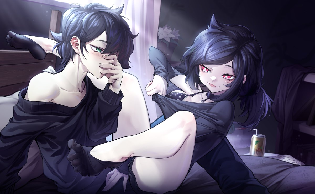 1boy, 1girls, 2d, andrew graves, ashley graves, basilcopperhand, bed, bedroom, black hair, blood related, blush, bra, brother and sister, covering face, duo, feet, female, femboy, foot fetish, green eyes, incest, jpeg, looking at viewer, male, pink eyes, ponytail, seductive smile, smile, socks, spread legs, tagme, the coffin of andy and leyley, thighs, twink, underwear