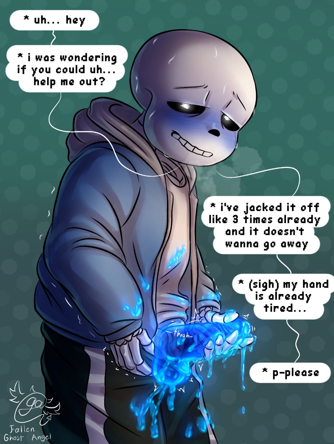 blush, blushing at viewer, cum, dialogue, ectopenis, ectoplasm, fallen ghost angel (artist), heat, hoodie, in heat, looking at viewer, male, masturbation, penis, precum, sans, shorts, sweat, sweating, throbbing penis, undertale
