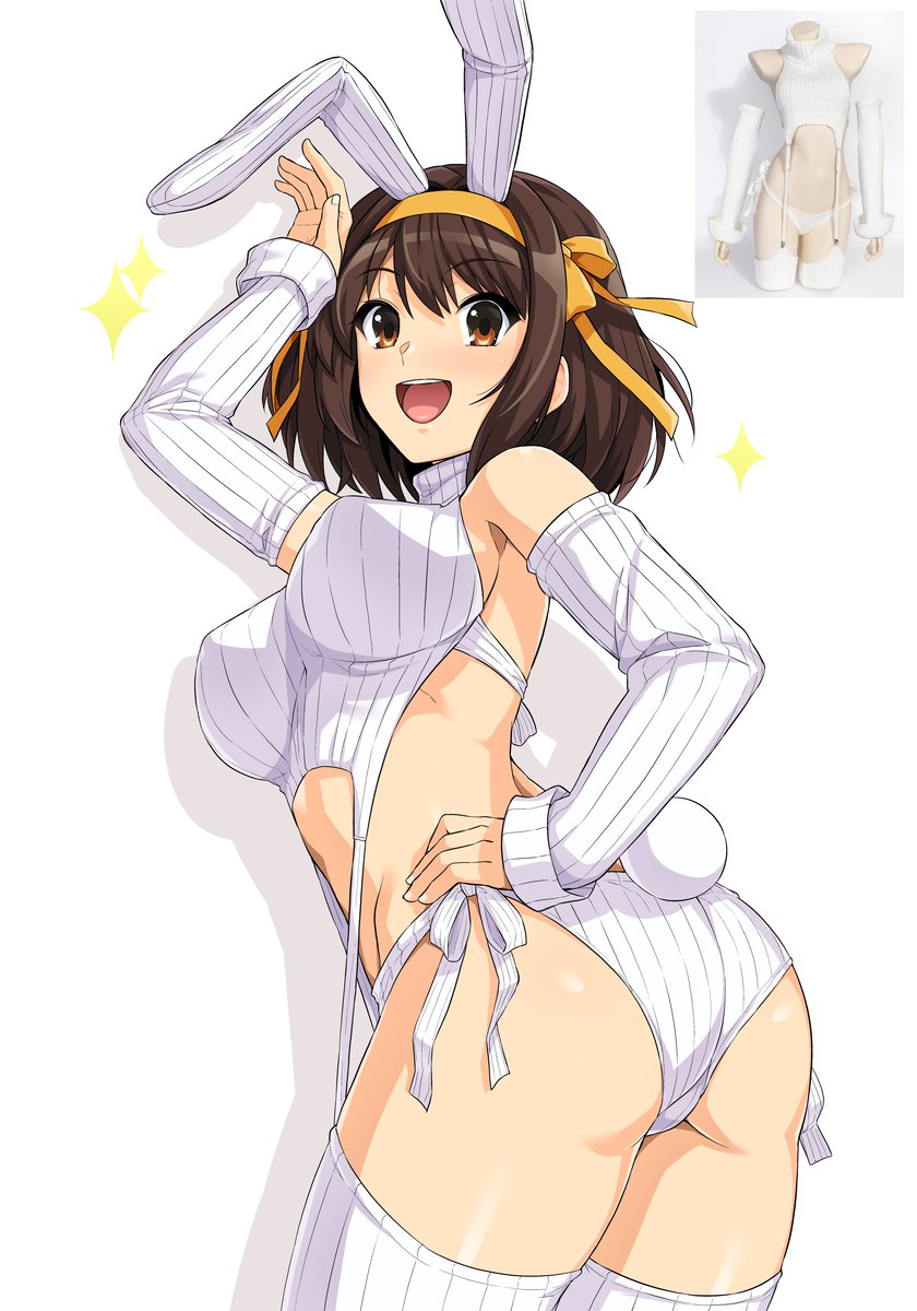 1girls ass big_ass breasts brown brown_eyes brown_hair bunnysuit eyebrows_visible_through_hair fake_animal_ears female_only hand_on_head haruhisky headband looking_at_viewer nipple_bulge short_hair simple_background smiling smiling_at_viewer solo suzumiya_haruhi suzumiya_haruhi_no_yuuutsu tagme thick_thighs thighhighs virgin_killer_sweater yellow_headband yellow_ribbon