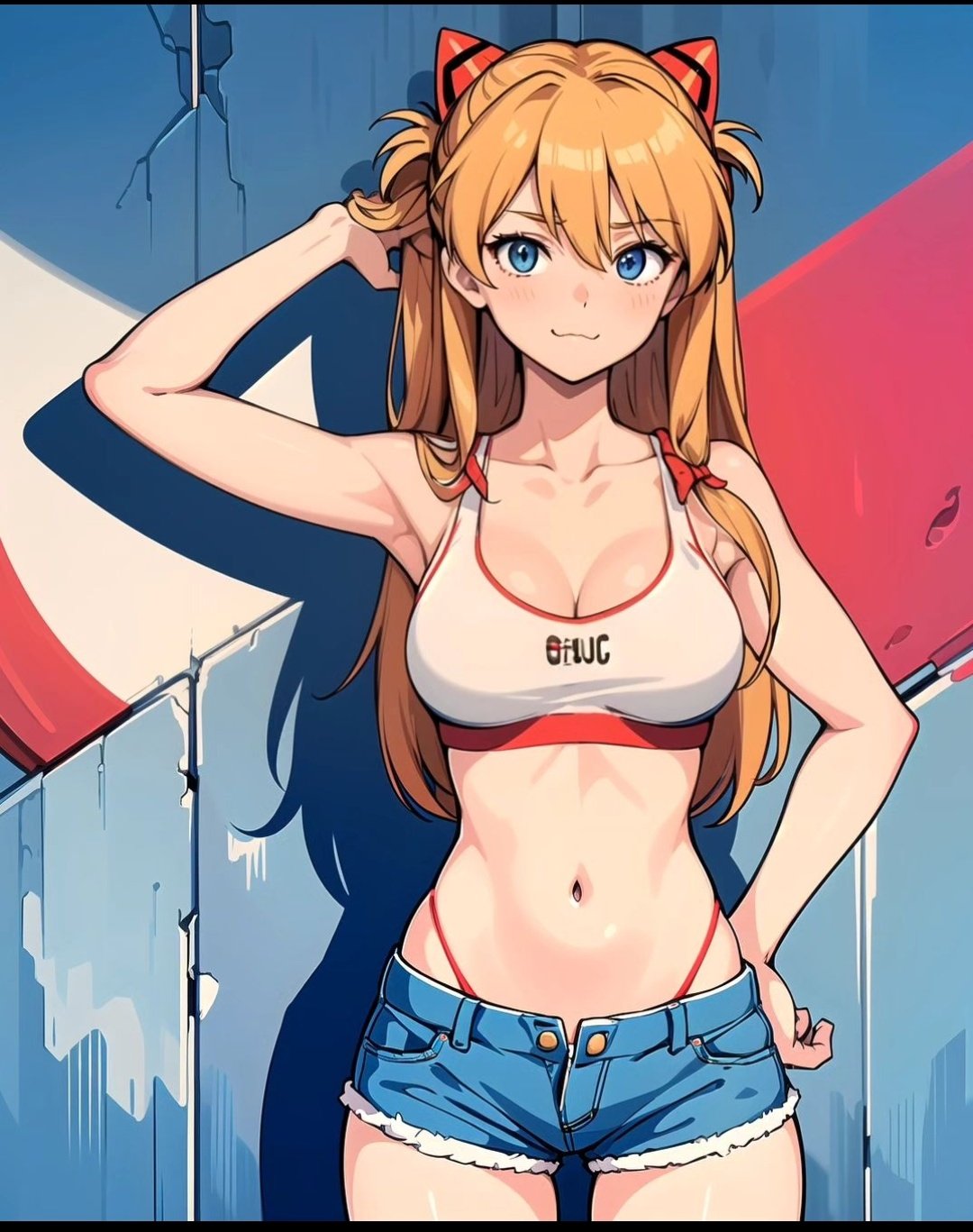 1girls ai_generated asuka_langley_sohryu bare_shoulders belly_button big_breasts blue_eyes blush blush_lines jeans long_hair neon_genesis_evangelion neopn_genesis_evangelion red_hair shorts small_waist street streetwear teenager topwear wide_hips