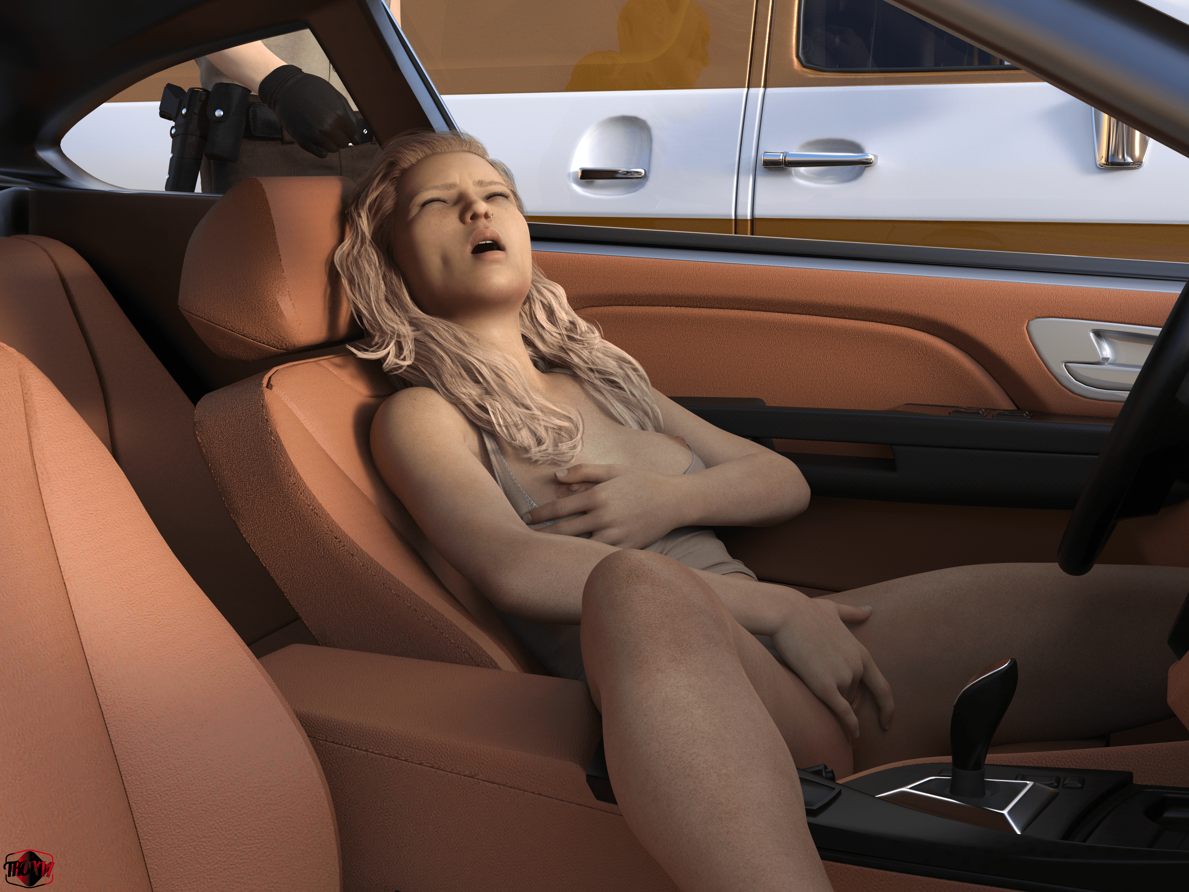 1girls, 2021, 3d, blonde hair, bottomless, breasts, car, closed eyes, clothed, clothing, exhibition, exhibitionism, exhibitionist, exposed, female, female focus, female masturbation, holding breast, in car, long hair, masturbation, outdoors, outside, police officer, public, public exposure, public masturbation, public nudity, public sex, public use, seated, sex in car, sitting, slushe (website), solo focus, spread legs, troxvi, walked in on
