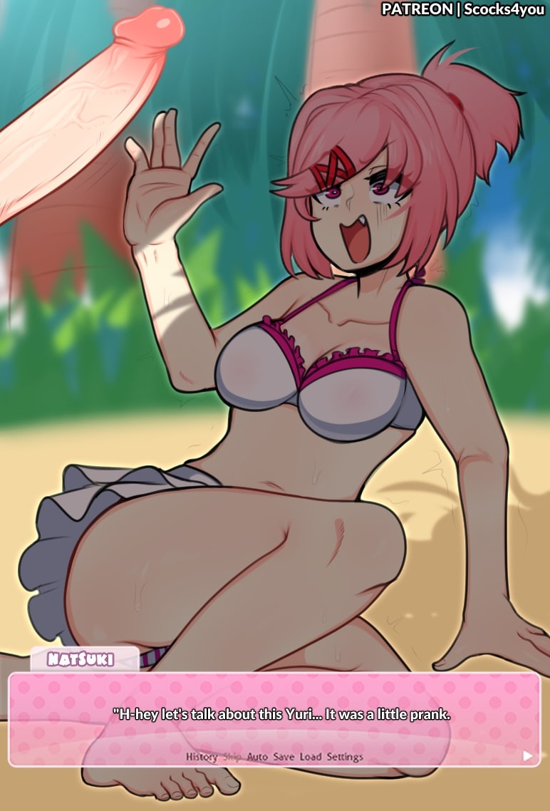1futa, 1girls, big penis, bikini, breasts, clothed, clothing, doki doki literature club, erection, faceless, faceless character, faceless futa, fang, female, female focus, futanari, human, imminent sex, intersex, light skin, light-skinned female, light-skinned futa, mostly nude, natsuki (doki doki literature club), penis, pink hair, scocks4you, small breasts, solo focus, swimsuit, yuri (doki doki literature club)