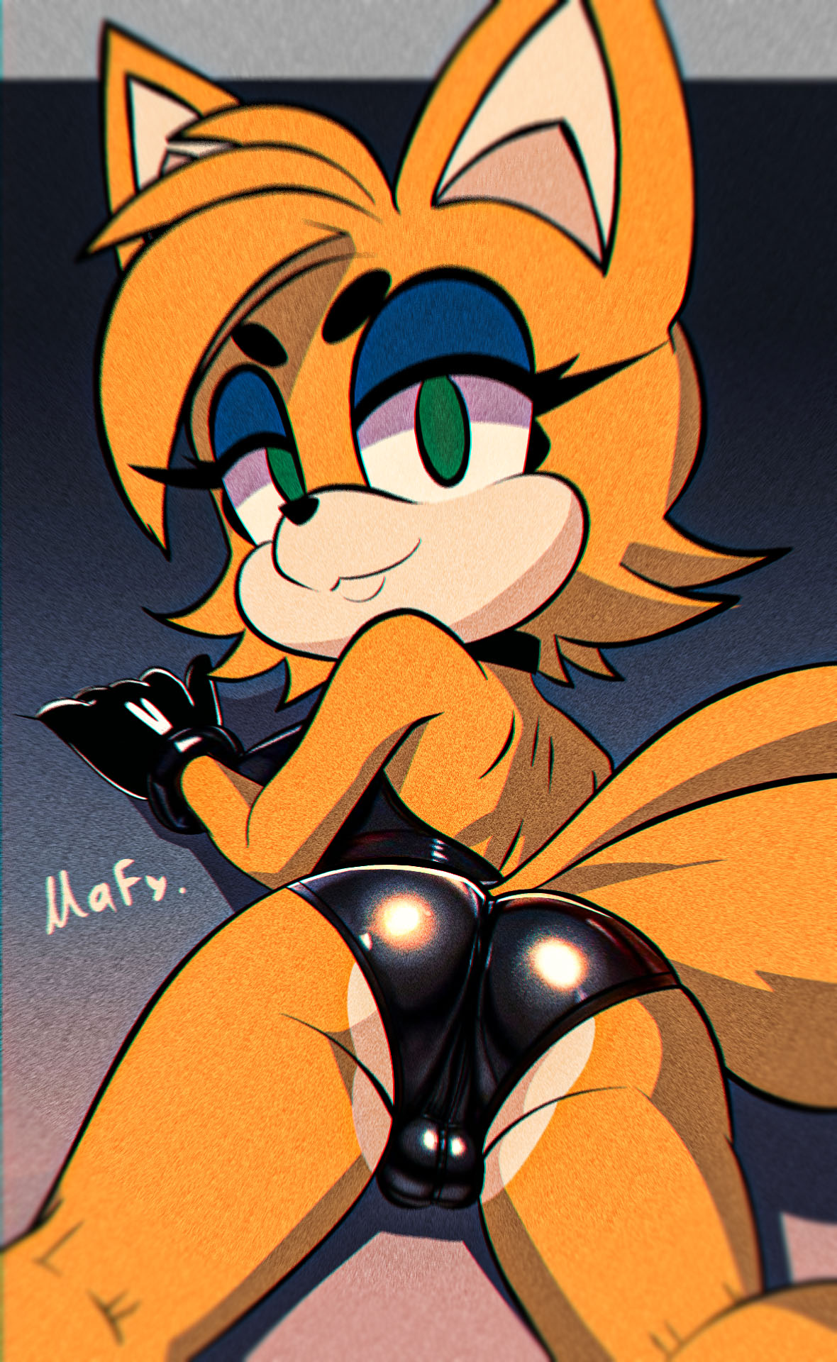 1boy anthro ass ass_focus balls canine femboy green_eyes latex latex_suit looking_at_viewer mafygames male miles_prower mobian_(species) sega solo sonic_(series) tails tails_the_fox yellow_fur