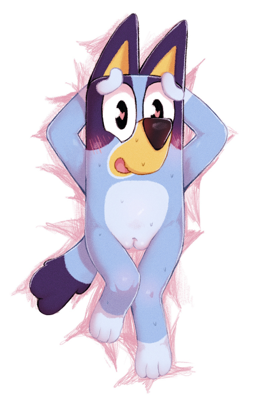 arms behind head, bluey (series), bluey heeler, blush, canine, cub, female, female focus, female only, heart-shaped pupils, laying down, laying on back, laying on bed, looking at viewer, nervous, nervous smile, pussy, simple background, sweat, sweating, white background