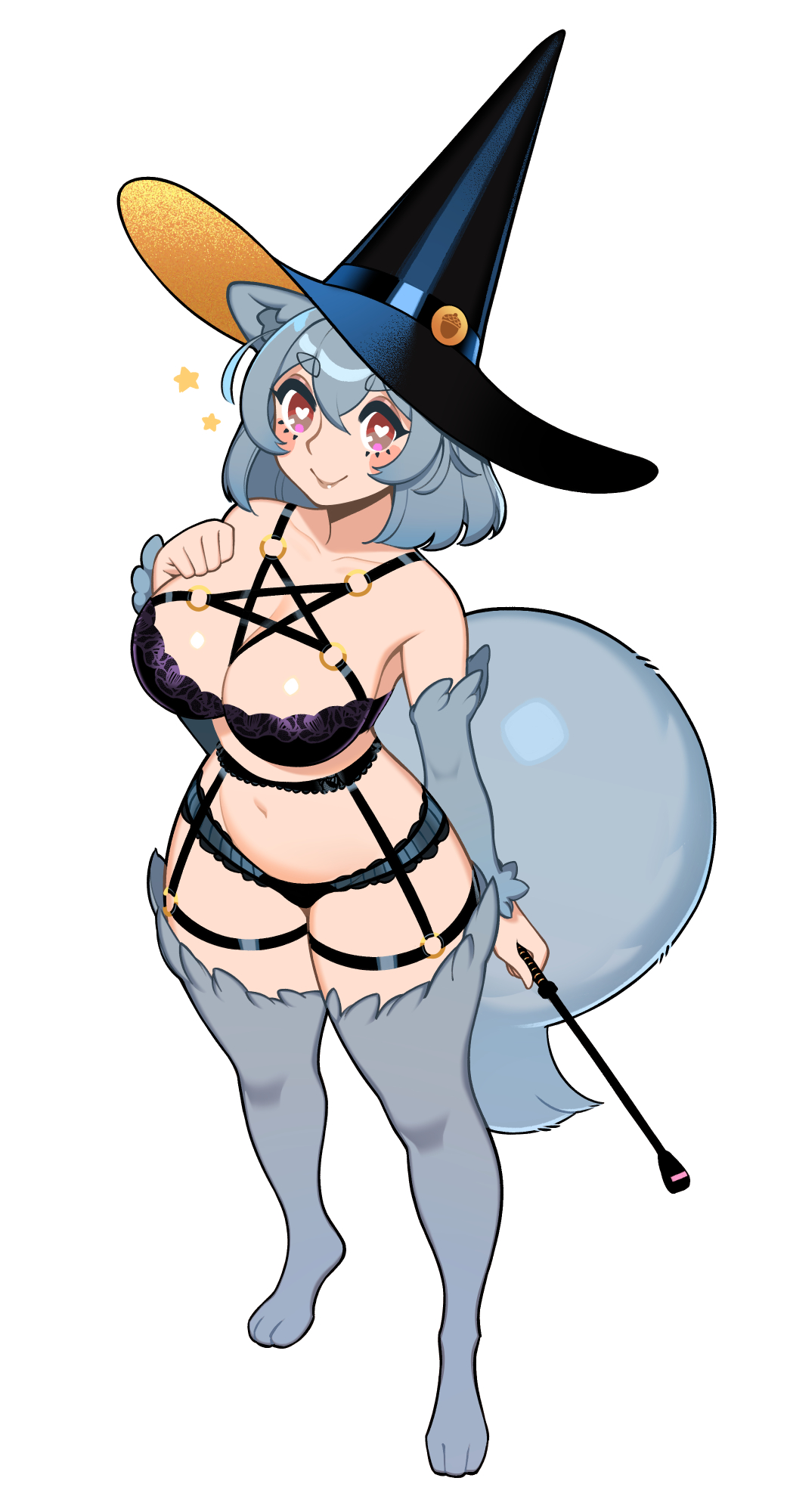 bra bushy_tail character_request copyright_request female garter_belt garter_straps halphelt heart-shaped_pupils lingerie panties pentagram pentagram_bra silver_hair thighhighs underwear witch witch_hat