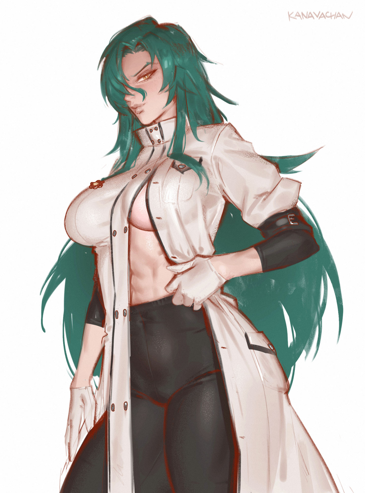 abs, athletic, athletic female, boobs, breasts, clothed, clothes, clothing, female, female focus, female only, gloves, green hair, hips, kanavachan, long hair, muscular, muscular female, no bra, older female, rose (twwtuhm), suggestive, suggestive gesture, suggestive look, suggestive pose, teasing, teasing viewer, the wrong way to use healing magic, thick hips, thick thighs, thighs, tight clothing, tits, underboob, wide hips