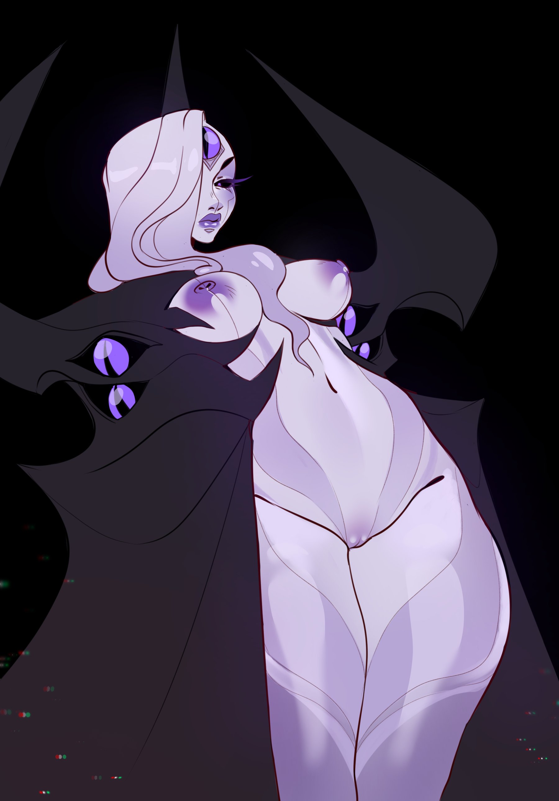 1girls, bel'veth, blonde female, female, ilewdha, league of legends, looking at viewer, nipples, nude, one eye covered, purple eyes, solo, standing, thick thighs, white hair