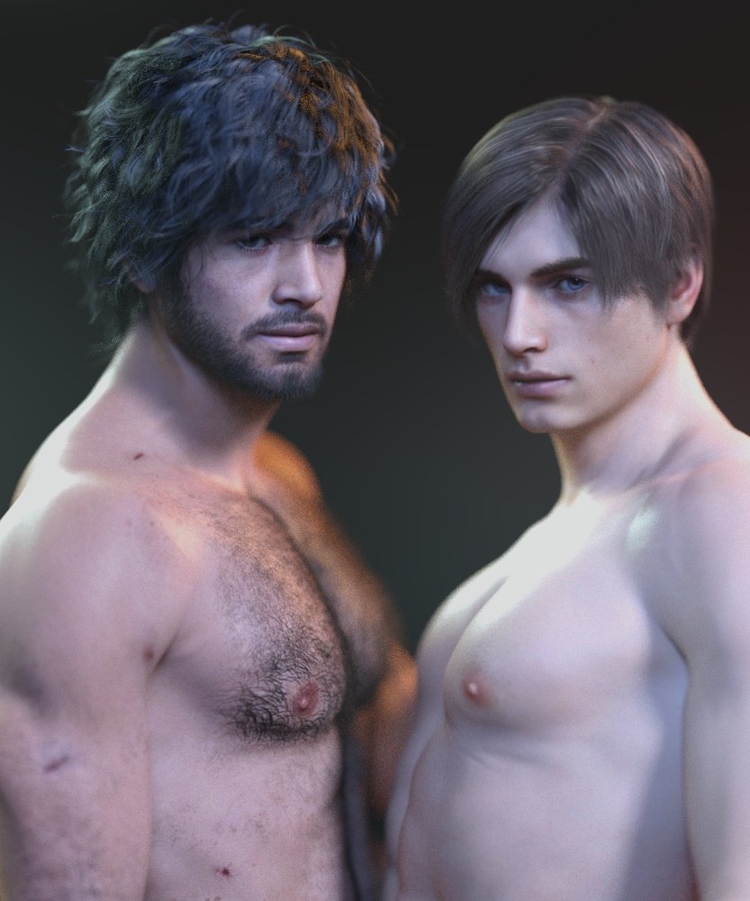 2boys 2humans 2males abs black_hair blonde_hair blue_eyes brown_eyes capcom carlos_oliveira hairy hairy_chest hairy_male leon_scott_kennedy looking_at_viewer mahtsazizi male/male male_focus male_only male_pov muscles muscular muscular_male pecs resident_evil resident_evil_2 resident_evil_2_remake resident_evil_3 resident_evil_3_remake resident_evil_4 resident_evil_4_remake shirtless shirtless_male side_braids side_by_side_position