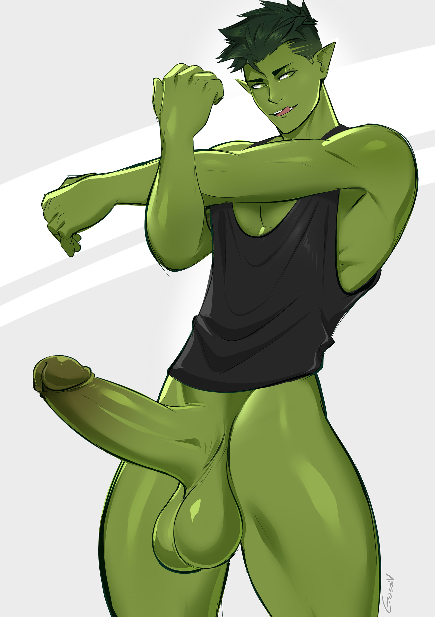 1boy, beast boy, boner, dc, dc comics, erection, gasaiv, gay, gay male, green body, green eyes, green hair, green skin, male, male only, solo, teen titans, tongue, tongue out, uncensored