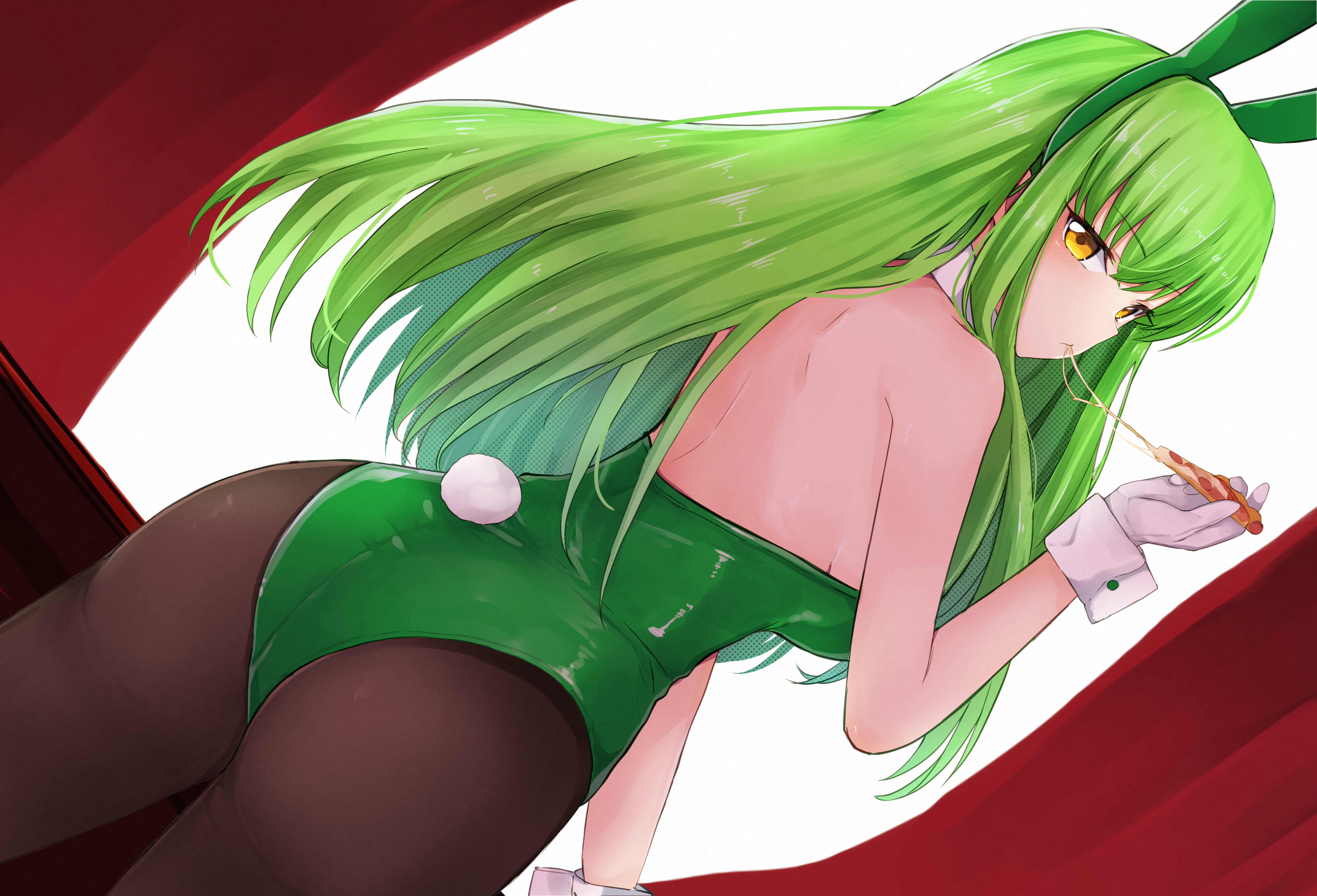 artist request, ass, big ass, bunnysuit, c.c., code geass, female, green hair, pizza, tagme