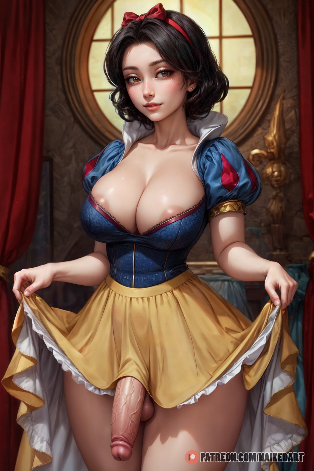 1futa, ai generated, disney, disney princess, flaccid, flaccid penis, futa only, futa sans pussy, futanari, huge cock, imminent fellatio, imminent oral, intersex, looking at viewer, naikedart, nipple peek, penis, pent up, seductive look, skirt lift, snow white (disney), snow white and the seven dwarfs (1937 film), solo, solo futa, stable diffusion, throbbing penis