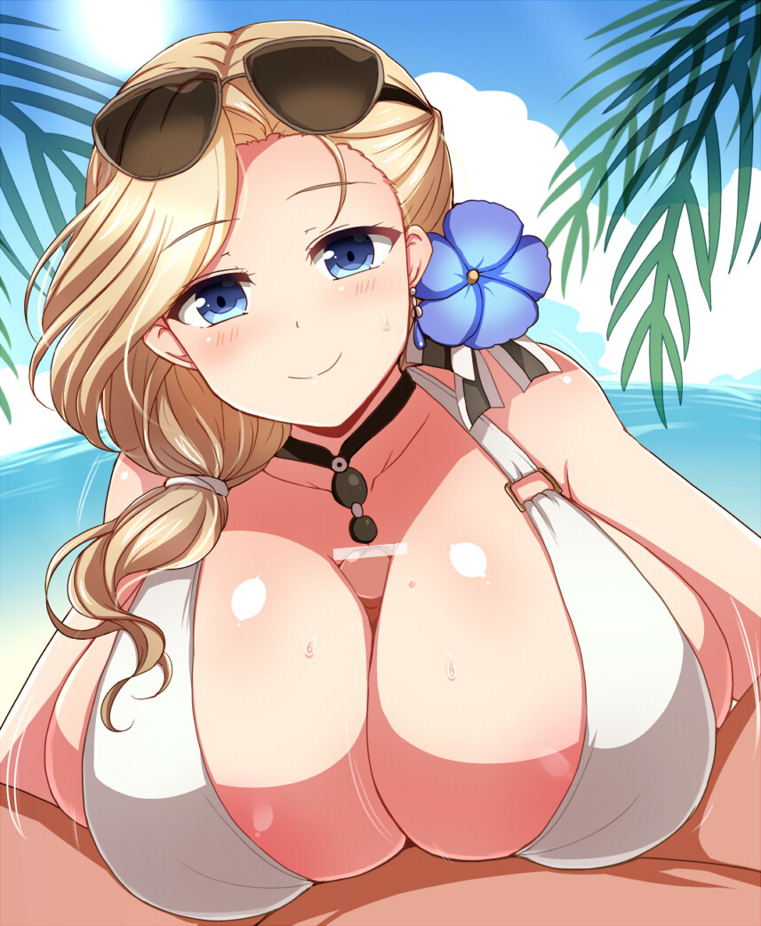 1boy, 1girls, artist request, azur lane, beach, big breasts, blonde female, blonde hair, blue eyes, blush, boobjob, breasts, censor bar, censored, choker, clothed female, clothed sex, earrings, female, flower in hair, hood (azur lane), hood (sunlit lady) (azur lane), light skin, light-skinned female, long hair, looking at viewer, male, male pov, paizuri, pale skin, pale-skinned female, penis, pov, side ponytail, smile, smiling at viewer, sunglasses on head, sweat, swimsuit, tropical