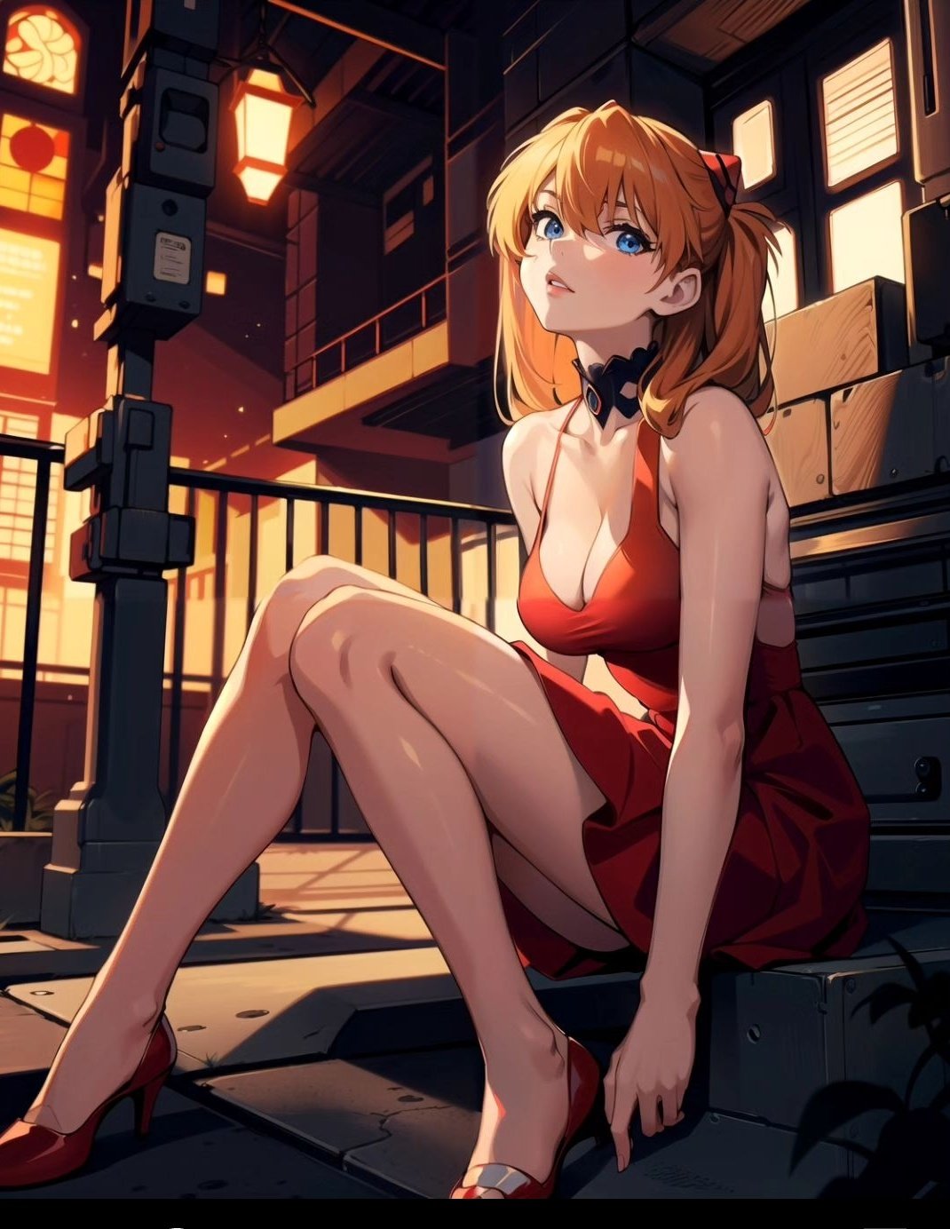 1girls ai_generated asuka_langley_sohryu bare_shoulders big_breasts dress high_heels long_dress long_hair neon_genesis_evangelion neopn_genesis_evangelion red_hair skirt small_waist teenager