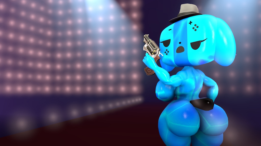 3d 3d_(artwork) annoyed azure_the_crystal_switch_dog azurethecrysta1 blue_body blue_skin featureless_breasts fedora glistening gun hat medium_breasts nintendo nude pupils switch_dog thick_ass thick_thighs voluptuous