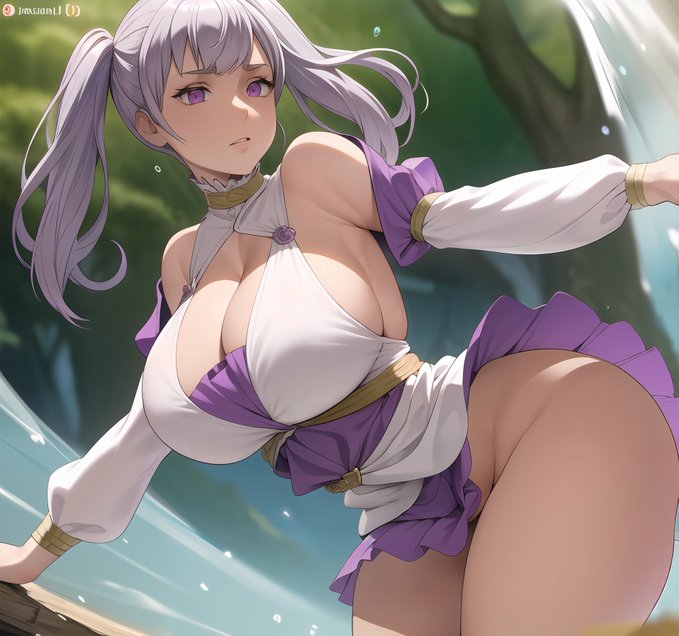 1girls, ai generated, big breasts, black clover, breasts, curvy, female, female only, no panties, noelle silva, purple eyes, silver hair, solo, stable diffusion, twintails