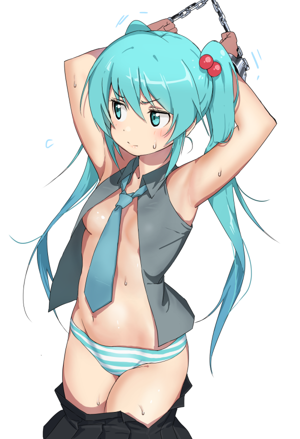 1girls armpits belly blue_eyes blue_hair bondage bound chained_wrists chains female female_only femsub flat_chest hatsune_miku removing_clothing shackled_wrists shackles skirt_pull small_breasts solo thighs tshangen131 twintails underwear vocaloid