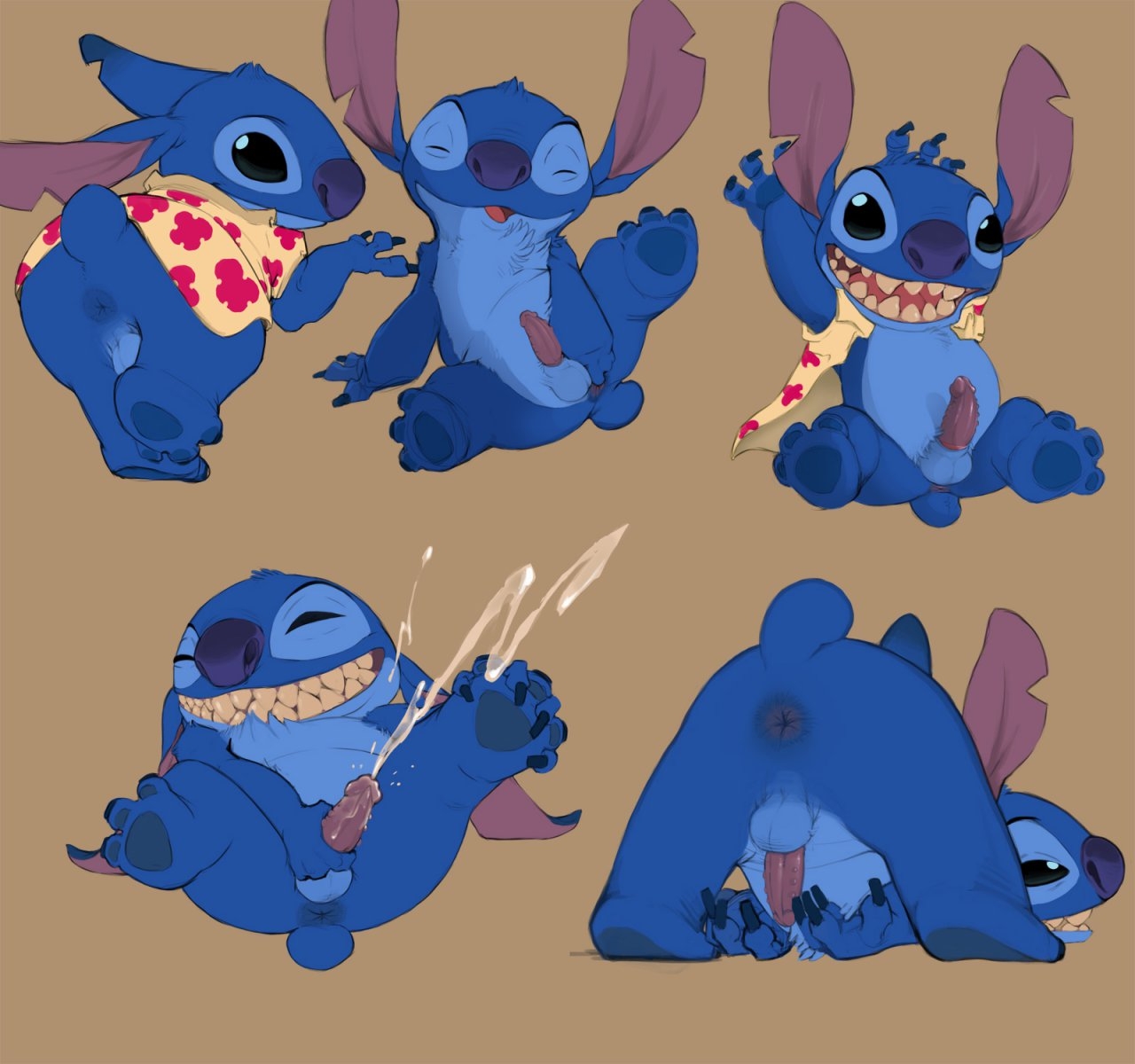 alien, aloha shirt, anthro, ass, asshole, black eyes, blue fur, cumshot, disney, experiment (lilo and stitch), gay, happy, hawaiian shirt, lilo and stitch, male, male only, masturbation, presenting hindquarters, puckered anus, smile, smiling, stitch, stitch (lilo and stitch)