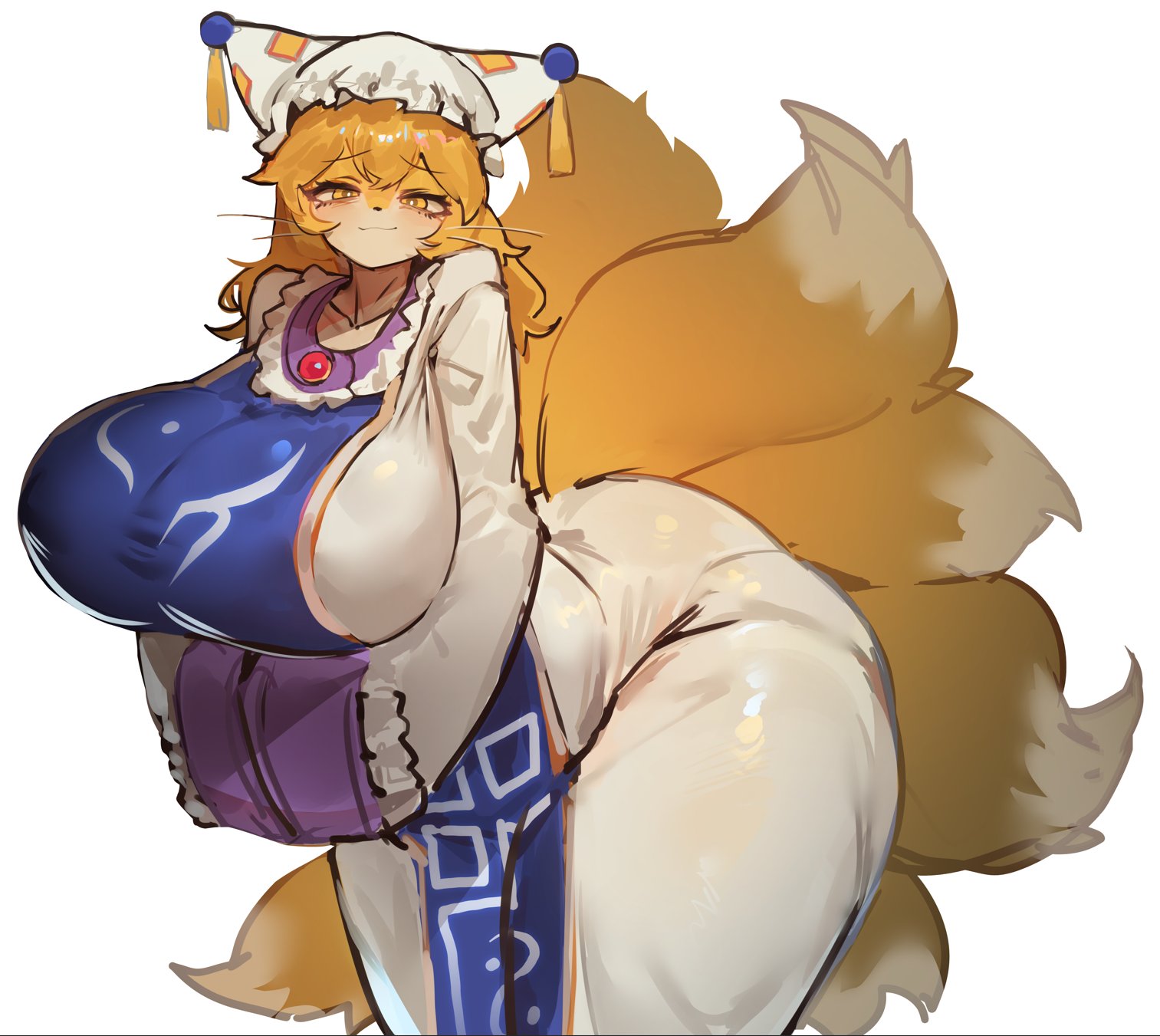 anthro, anthro female, bending over, big breasts, breasts, clothed, clothed female, female, fox girl, furry, furry female, hips, kitsune, looking at viewer, milf, multi tail, ran yakumo, tails, thick thighs, thighs, touhou, touhou project, utterangle, whiskers, wide hips, yakumo ran, youkai