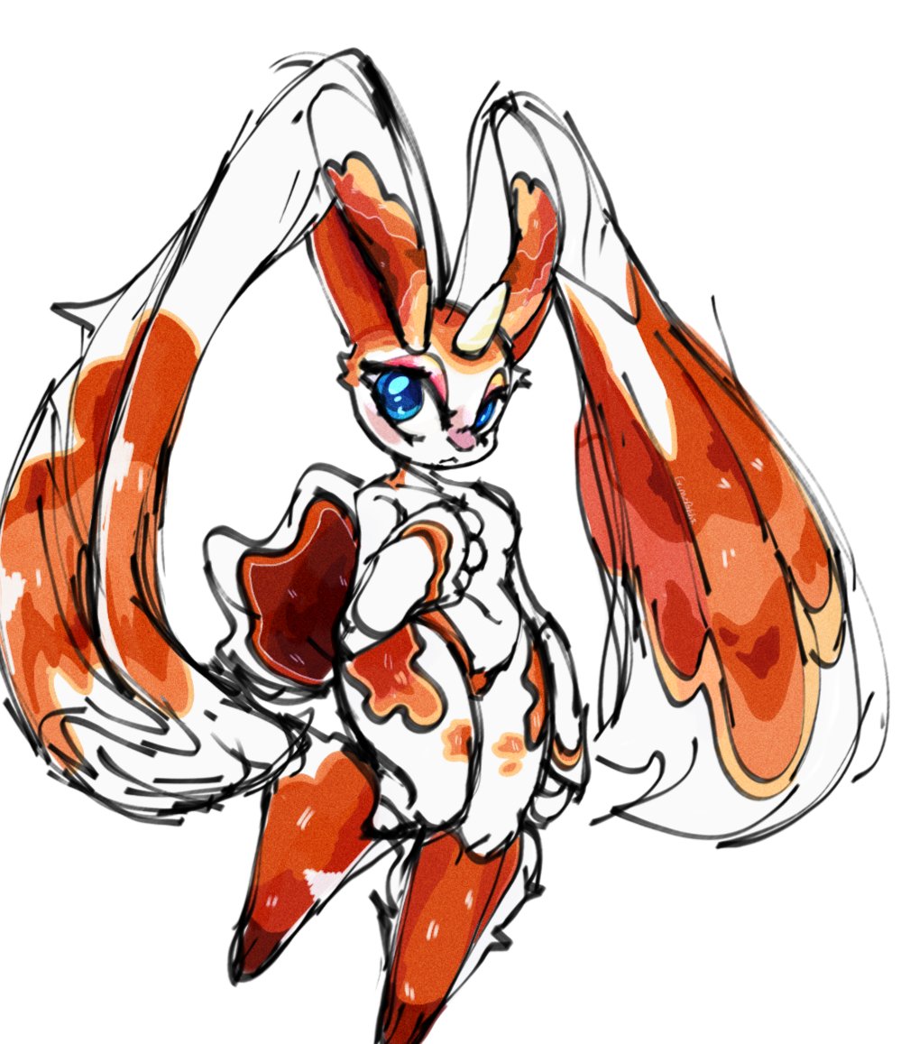 2023 anthro anthro_only belly belly_button big_breasts big_eyes blue_eyes breasts bunny_ears chubby eyelashes eyeliner female female_only fish_tail furry game_freak goldeen horn lagomorph long_ears looking_at_viewer lopunny nintendo orange_body orange_fur pokemon pokemon_(species) pokemon_fusion pokemon_infinite_fusion solls0ll solo solo_female thick_thighs thighs white_background white_body white_fur wide_hips