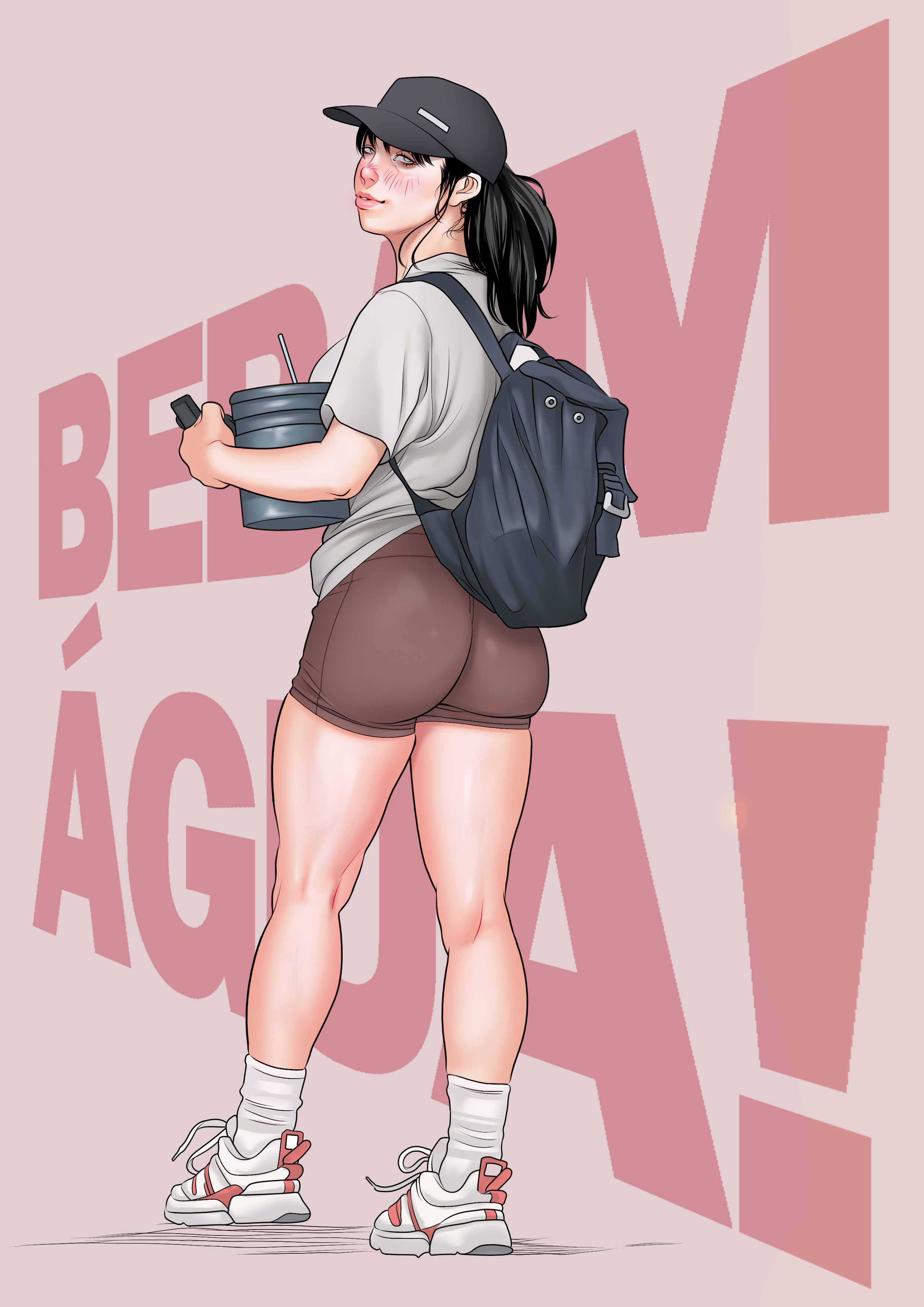 1girls, 2d, 2d (artwork), ass, ass focus, baseball cap, big ass, billie eilish, black hair, celebrity, female, female only, hat, headwear, human, jogging pants, large ass, long hair, looking at viewer, looking back, marc real, musician, shoes, shorts, singer, socks, solo, solo female, sportswear, standing, tarjapreta, thighs