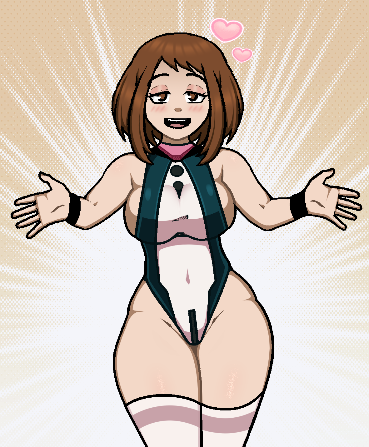 1girls, big breasts, breasts, brown hair, brown-haired female, female, female human, female only, happy, happy female, hero outfit (mha), human, large breasts, leotard, light skin, light-skinned female, looking at viewer, my hero academia, ochako uraraka, ochako uraraka (hero outfit), short hair, sideboob, slim waist, solo, steca, stockings, superhero costume, superheroine, teenage female, teenager, thelazyart, thick legs, thighhighs, uraraka ochako, wide hips