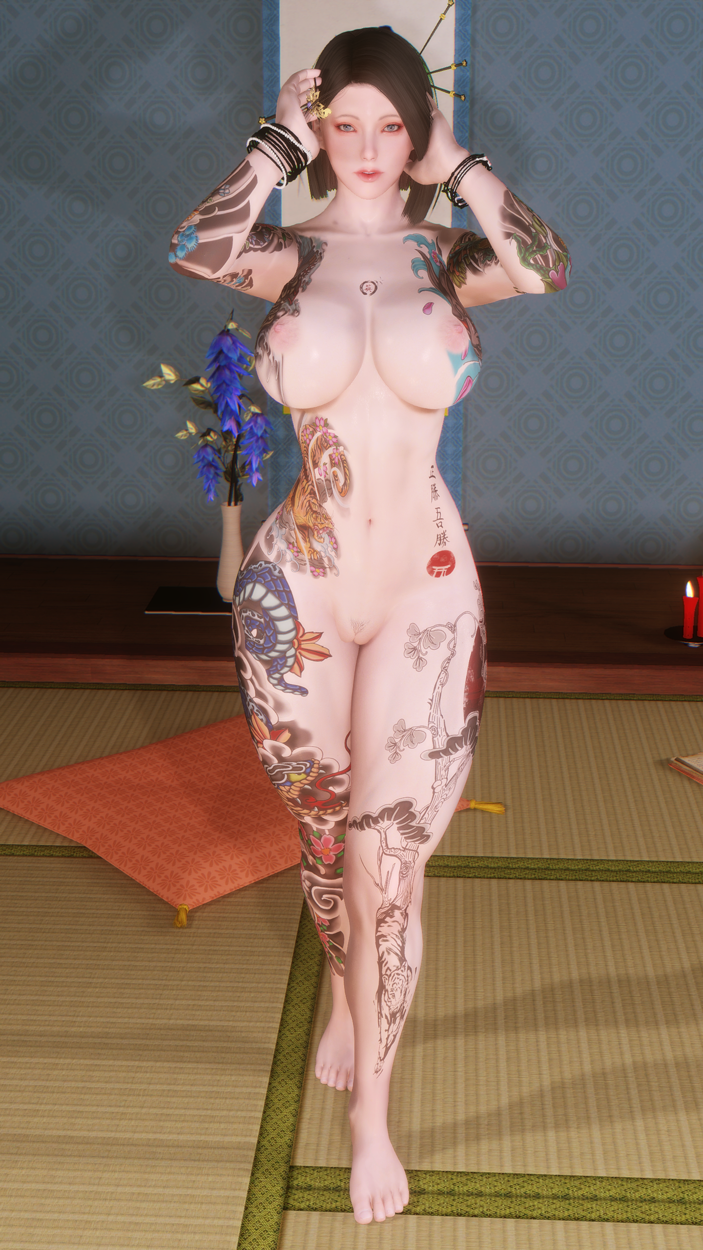 3d, 3d (artwork), barefoot, bethesda softworks, blue eyes, cameltoe, completely nude, feet, female, irezumi, nude, nude female, pubic hair, pussy, skyarsenic, skyrim, tattoo, the elder scrolls, yakuza tattoo
