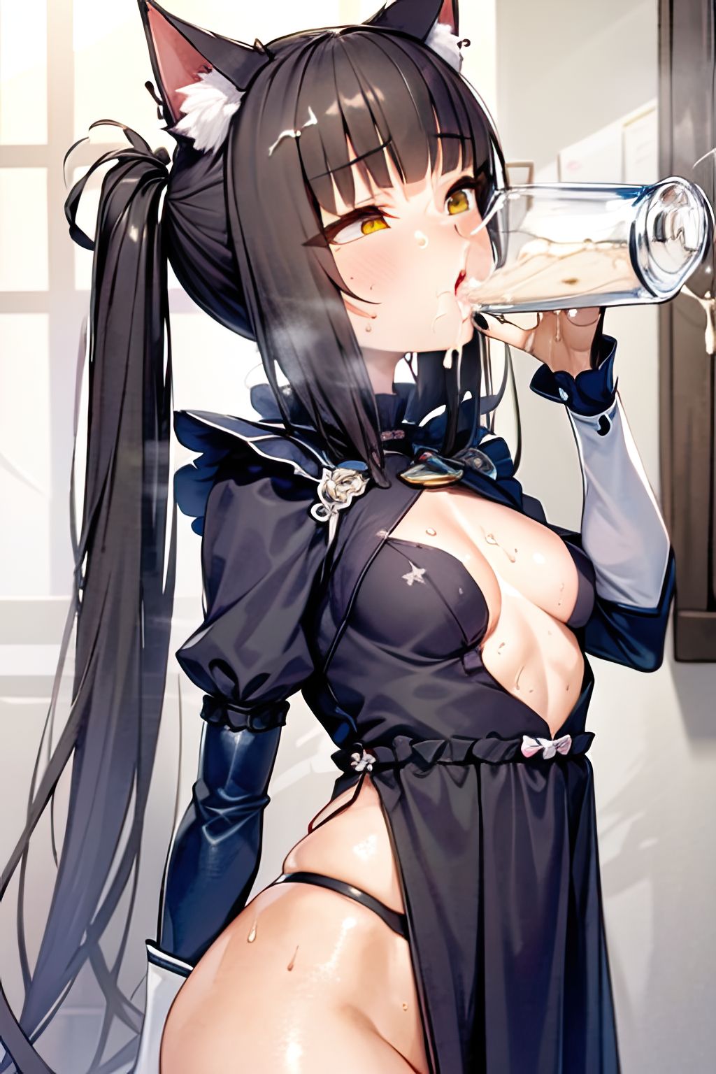 ai_generated breasts cat_ears catgirl chocola_(sayori) cleavage cum cum_drinking cum_in_container cum_in_glass cum_in_mouth drinking_cum exposed_ass gokkun mug_of_cum nekopara swallowing swallowing_cum twintails